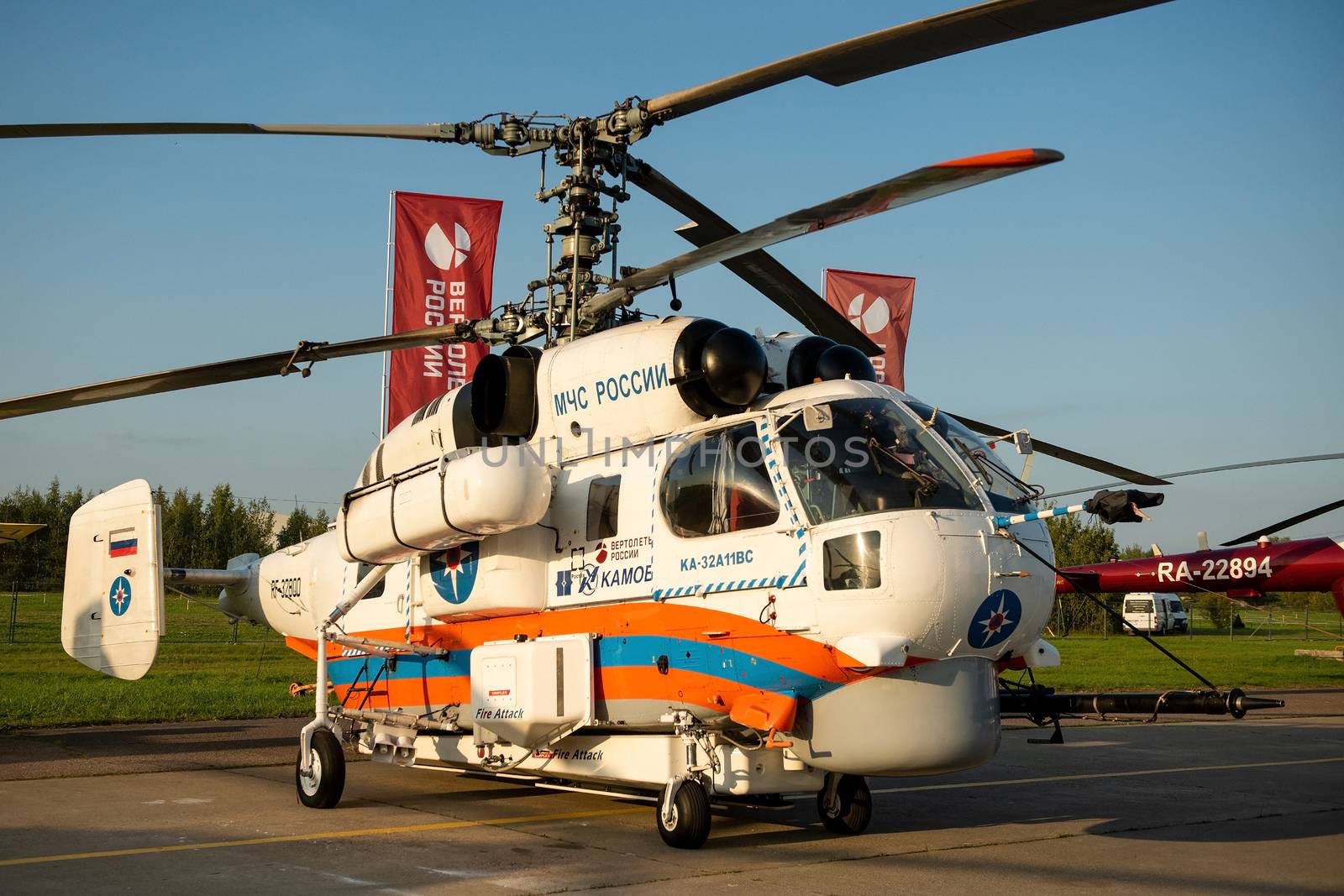August 30, 2019. Zhukovsky, Russia. Russian medium transport helicopter  Kamov Ka-32 at the International Aviation and Space Salon MAKS 2019.