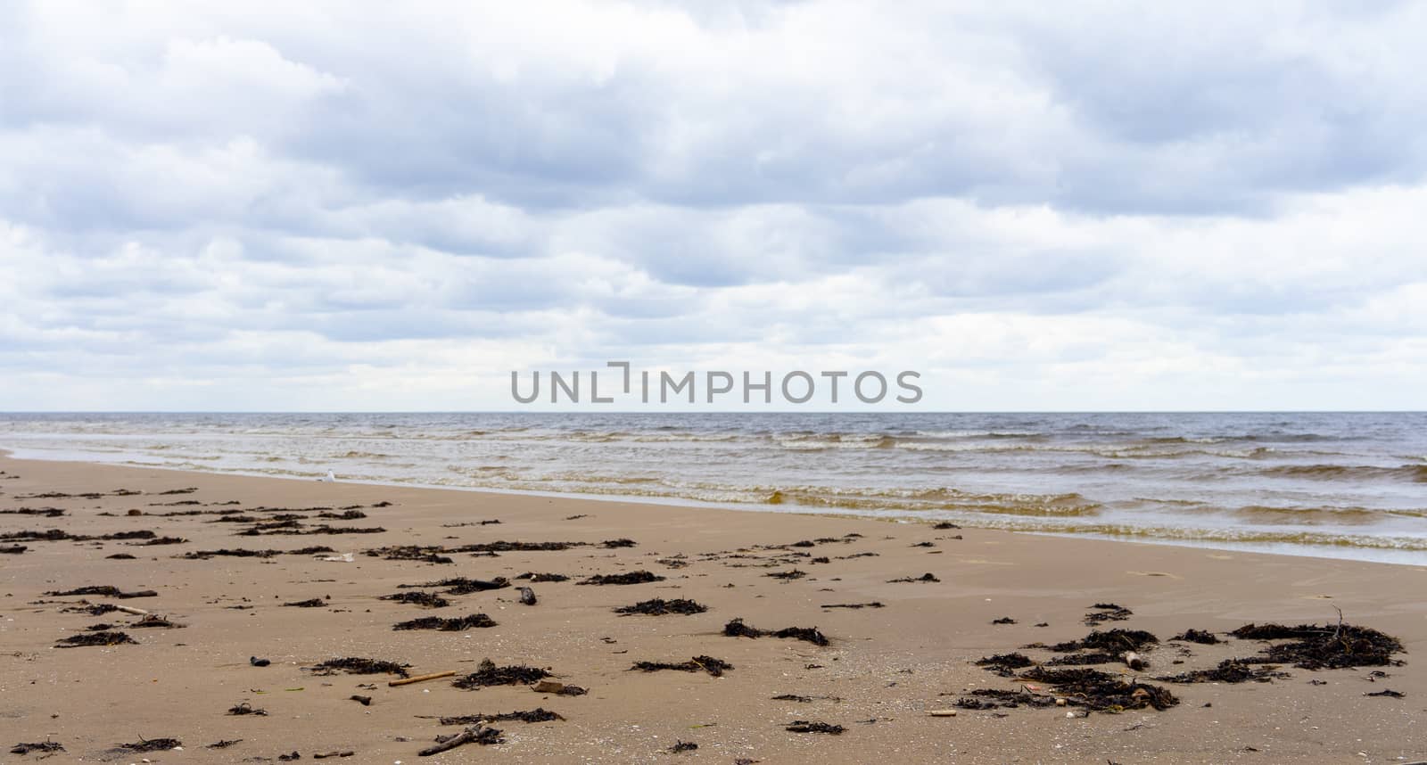 Clouds on a cloudy sky over the sandy beach of the Baltic Sea in Jurmala