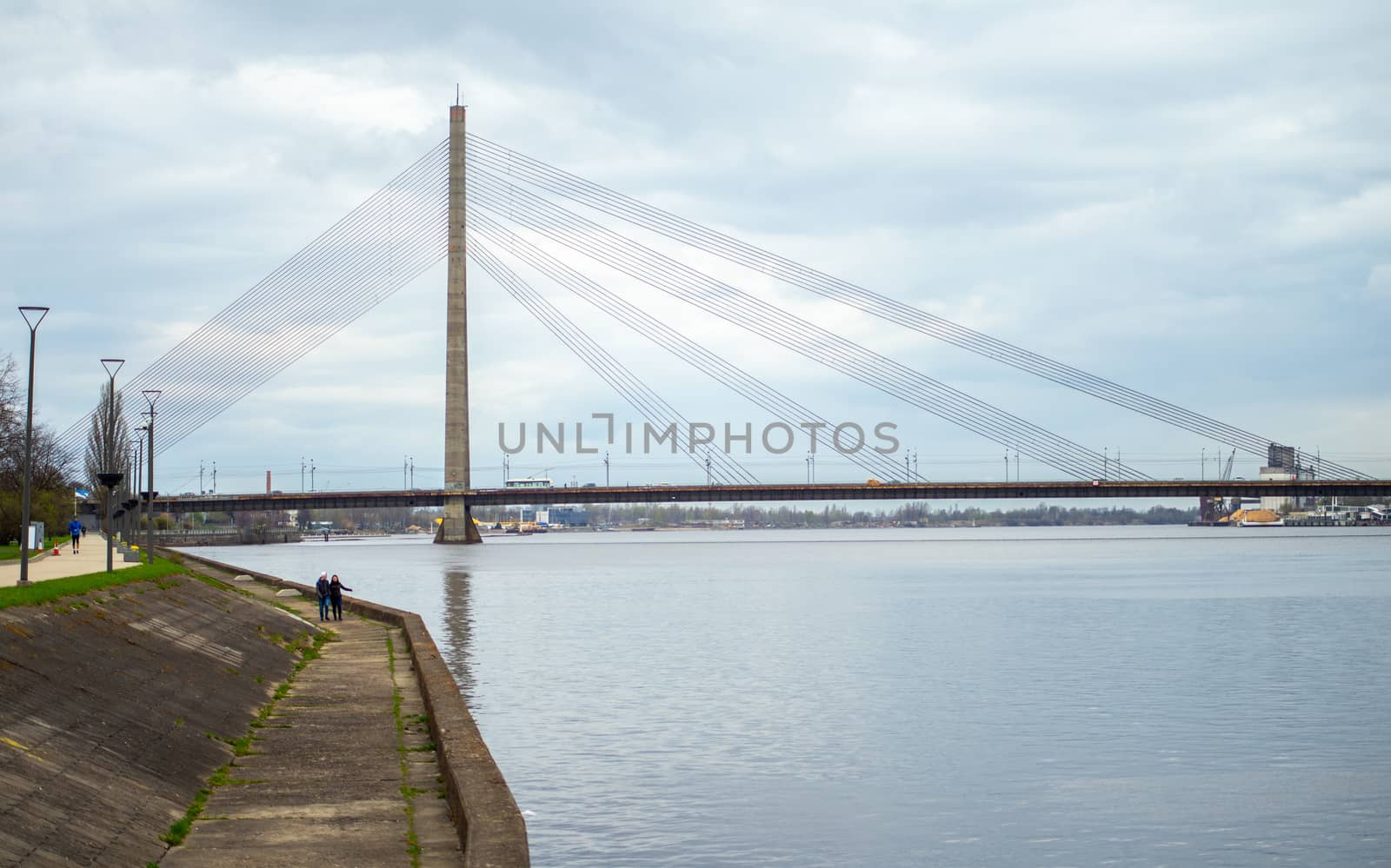 April 24, 2018 Riga, Latvia. Cable-stayed cable bridge over the Daugava River in Riga.