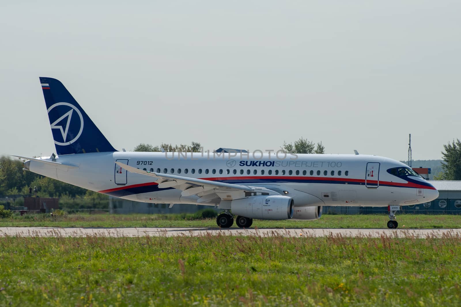 August 30, 2019. Zhukovsky, Russia. Russian short-range narrow-body passenger aircraft  Sukhoi Superjet 100.