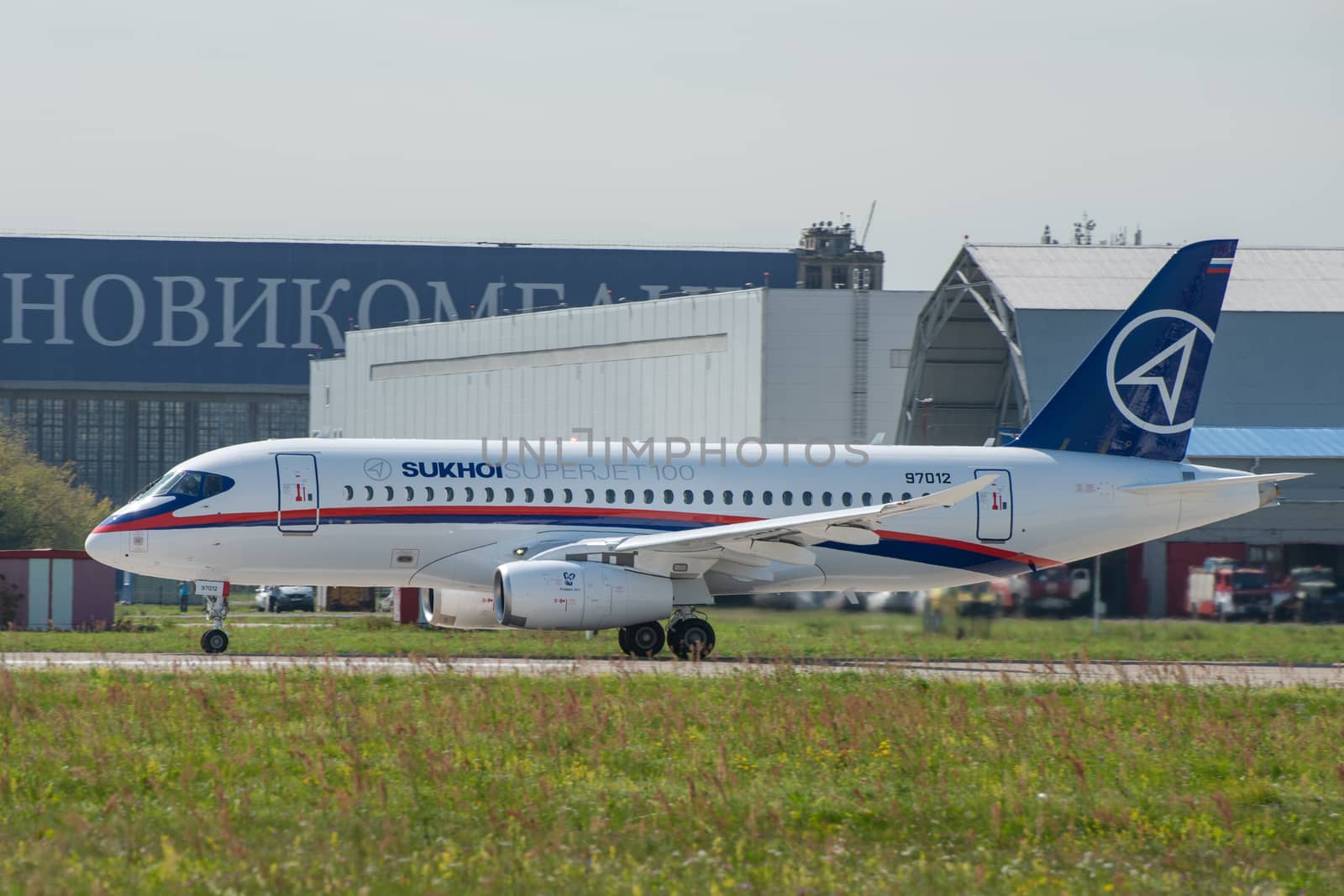 August 30, 2019. Zhukovsky, Russia. Russian short-range narrow-body passenger aircraft  Sukhoi Superjet 100 at the International Aviation and Space Salon MAKS 2019.