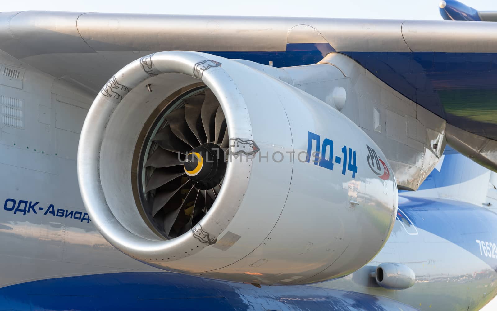 August 30, 2019 Zhukovsky, Russia. Russian advanced civil turbofan aircraft engine PD-14 under development United Engine Corporation.