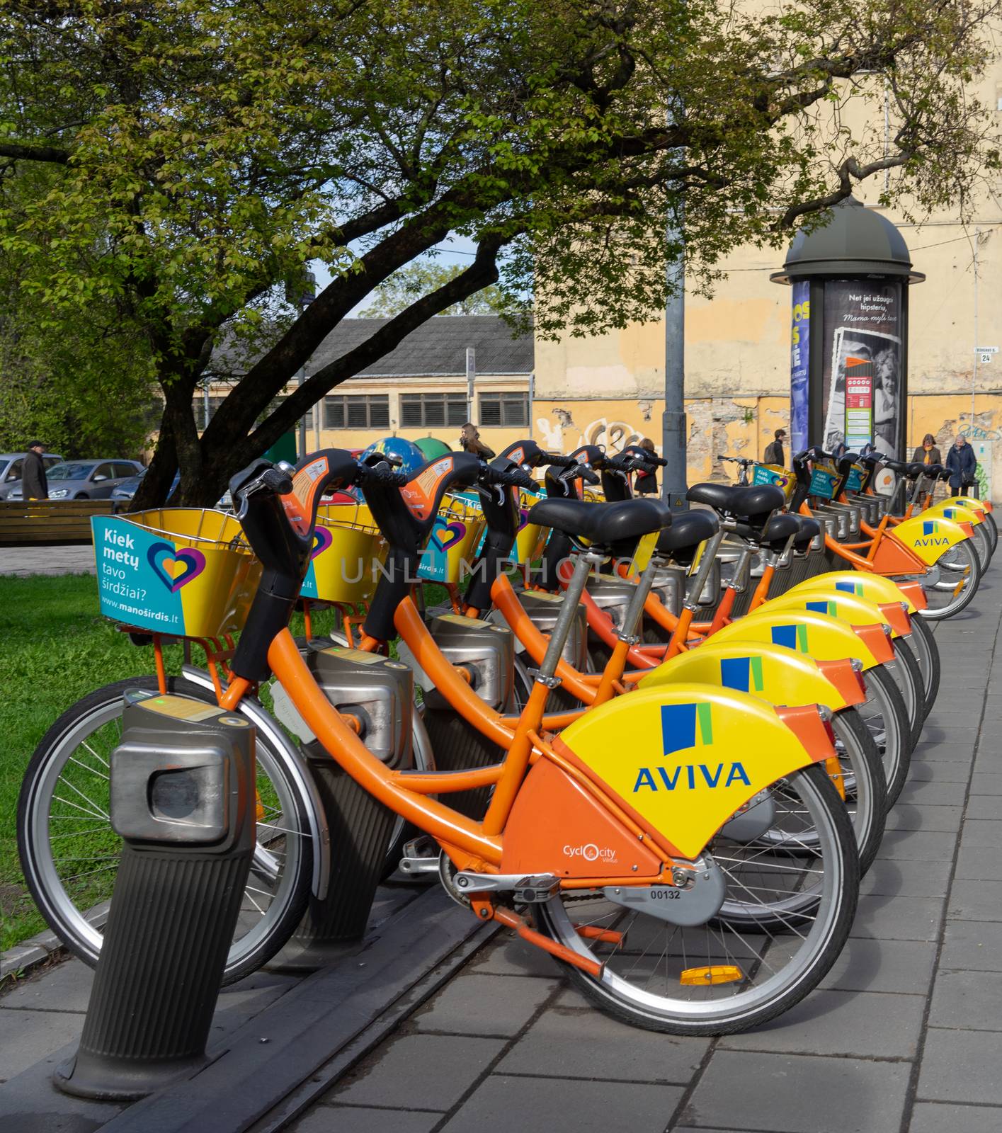 April 27, 2018 Vilnius, Lithuania. City bike rental on one of the streets in Viljunius.