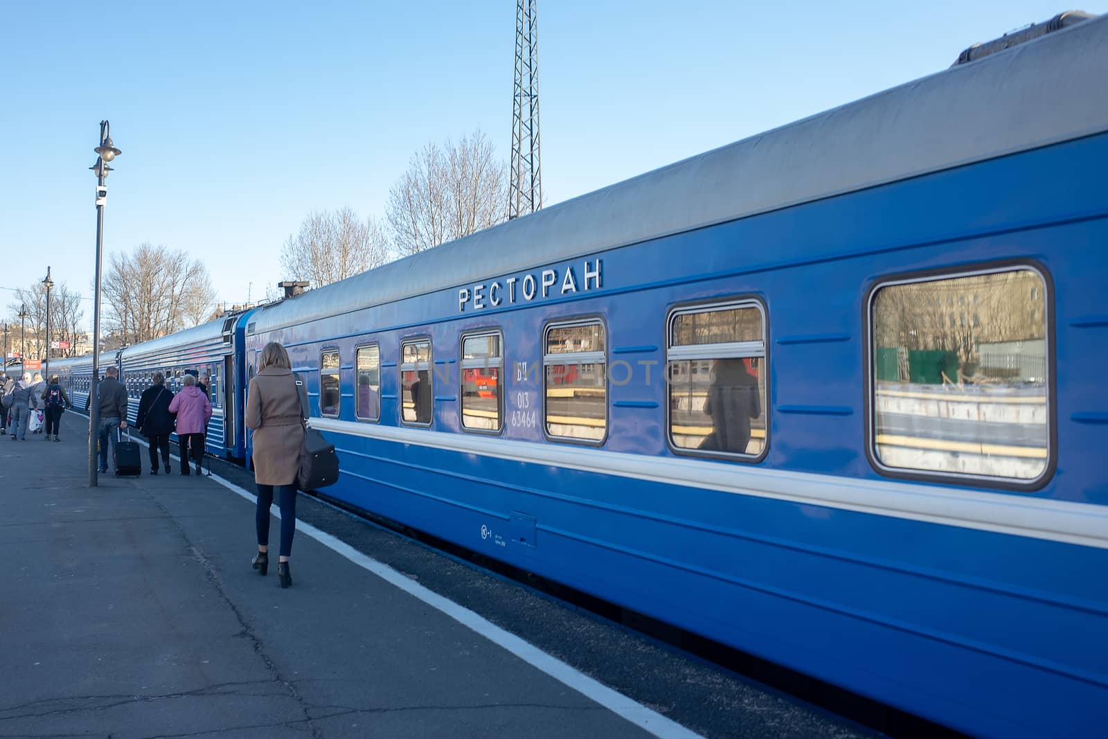April 29, 2018, St. Petersburg, Russia. Wagon long-distance train restaurant at the platform of the Vitebsk railway station of St. Petersburg.