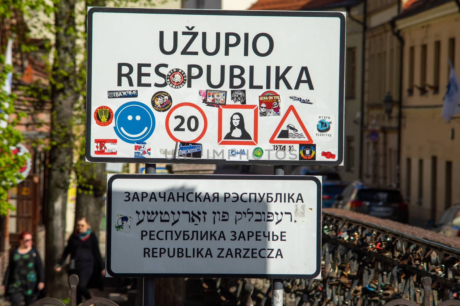 April 27, 2018 Vilnius, Lithuania. Information poster at the entrance to the district Uzupis in Vilnius.