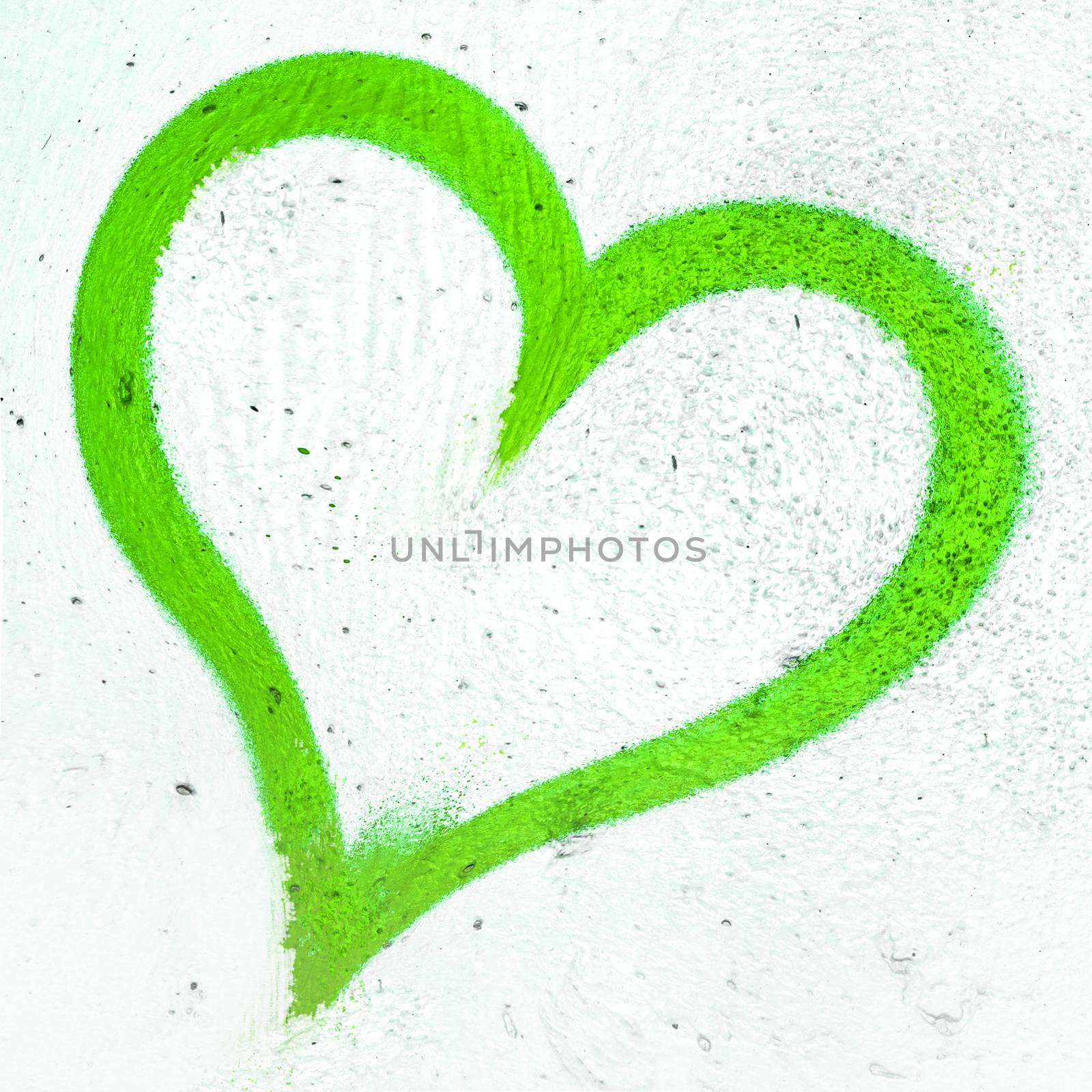 Concept or conceptual painted green abstract heart shape love symbol, dirty wall background, metaphor to urban and romantic valentine, grungy style.