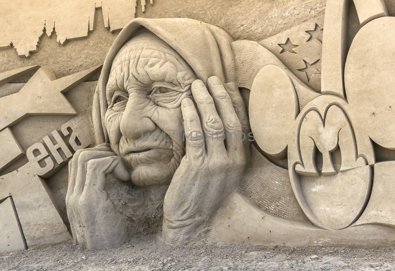 Jesolo, Italy, July 19 2016: sand sculptures exhibition in Jesolo (VE) ITALY. Theme of the show: the European capitals.