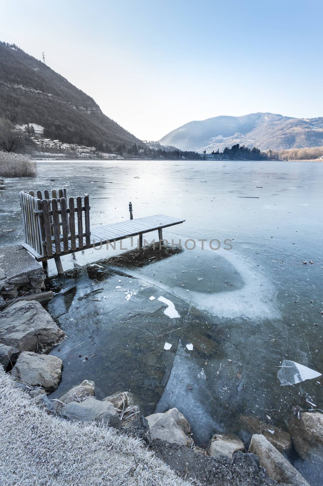 Endine lake completely frozen. Bergamo, ITALY - January 22, 2019.