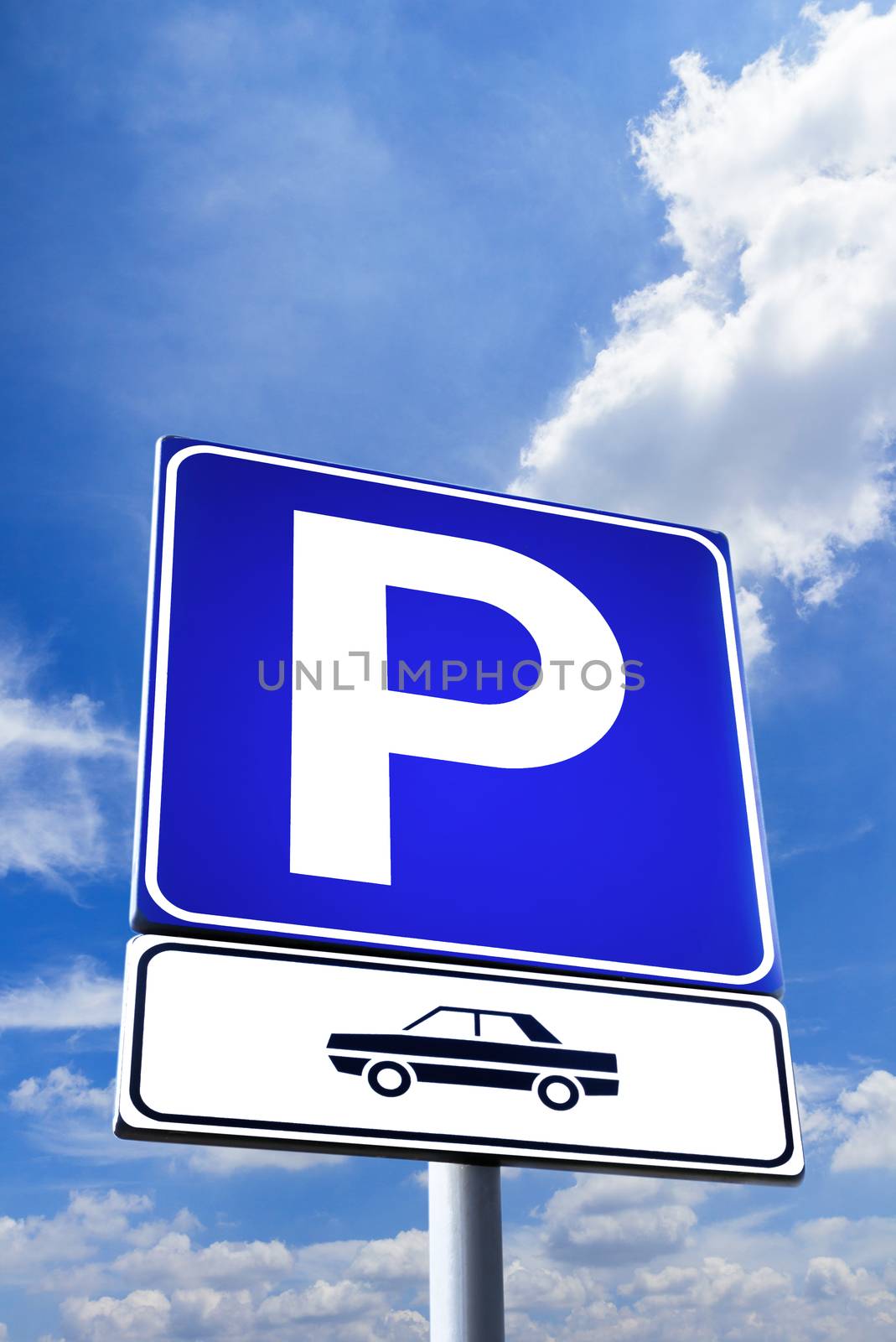 Parking signal with clouds and sky on background