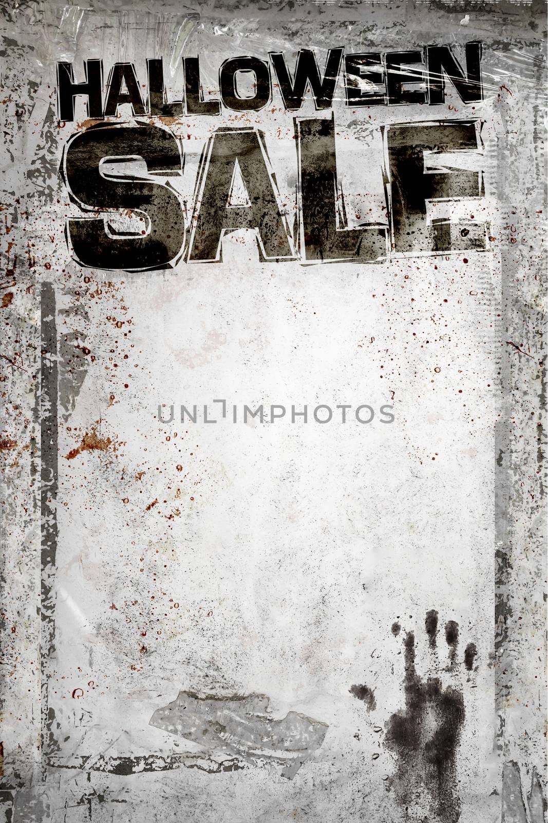 Halloween sale background with grungy frame, bloody handprints, remains of scotch tape and cellophane. Fully editable. It can be used as a party invitation, food menu, poster, wallpaper, design t-shirts and more.