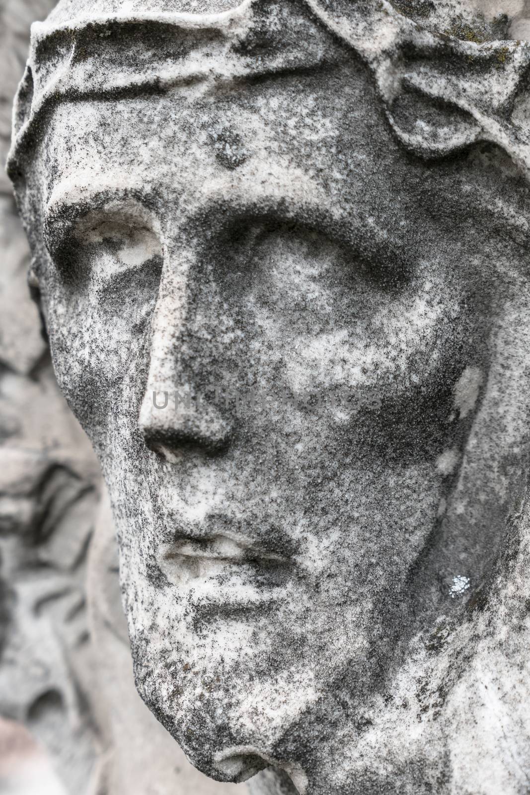 Marble antique, portrait of Jesus Christ with crown of thorns. Religious tradition.