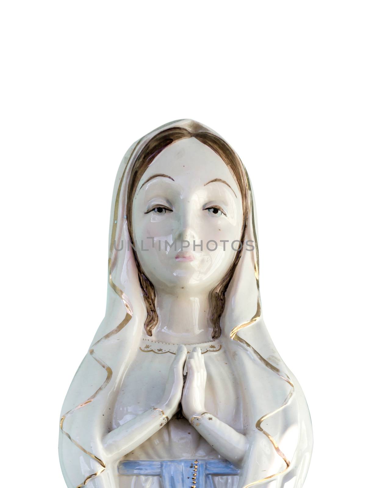 Our Lady vintage porcelain statue. Mock up copy space.