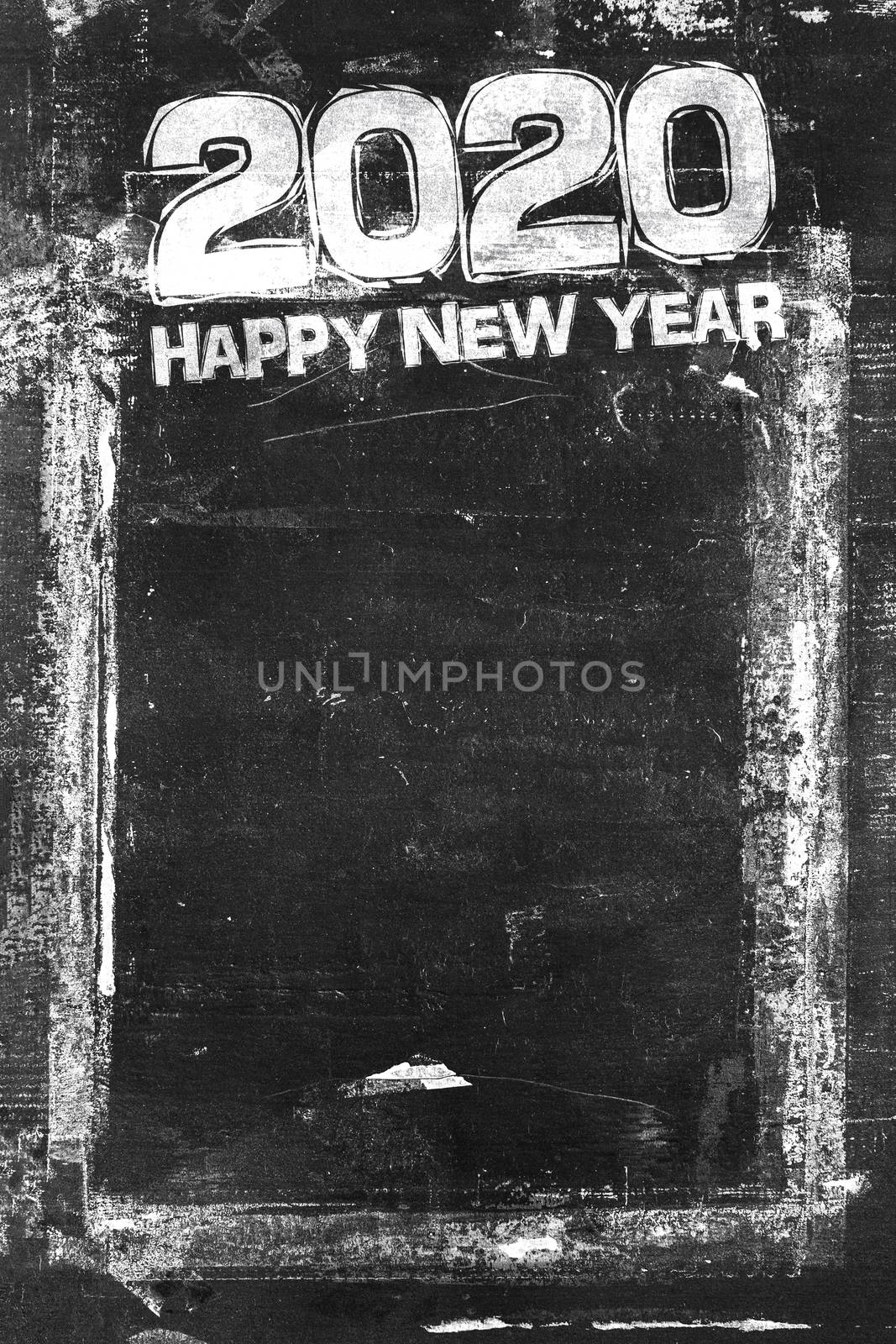 Happy New Year 2020 Grungy Chalkboard Background. Weathered and distressed template. Dirty artistic design element. Doodle frame. Fully editable. It can be used as a party invitation, food menu, poster, wallpaper and more.