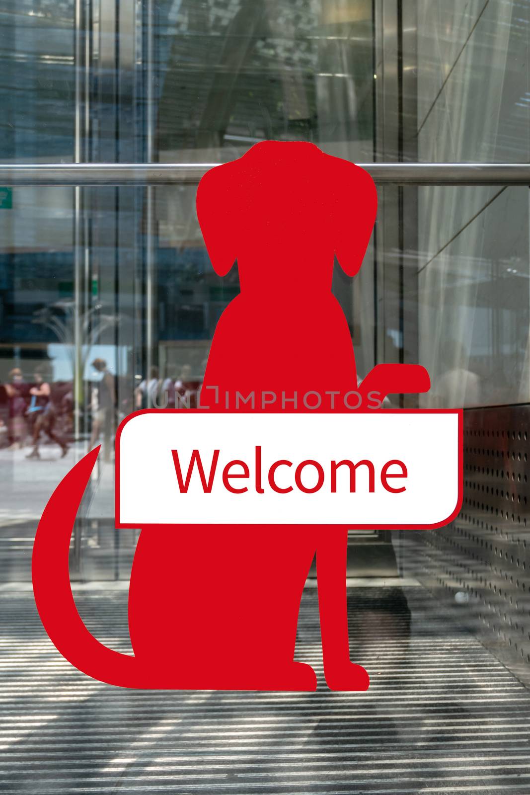 Dogs Welcome sign outside shop. Dog-friendly sign. Welcome sign for pets. Allowing pet into facilities. Dogs friendly place, dogs special area, pets welcome here concept.