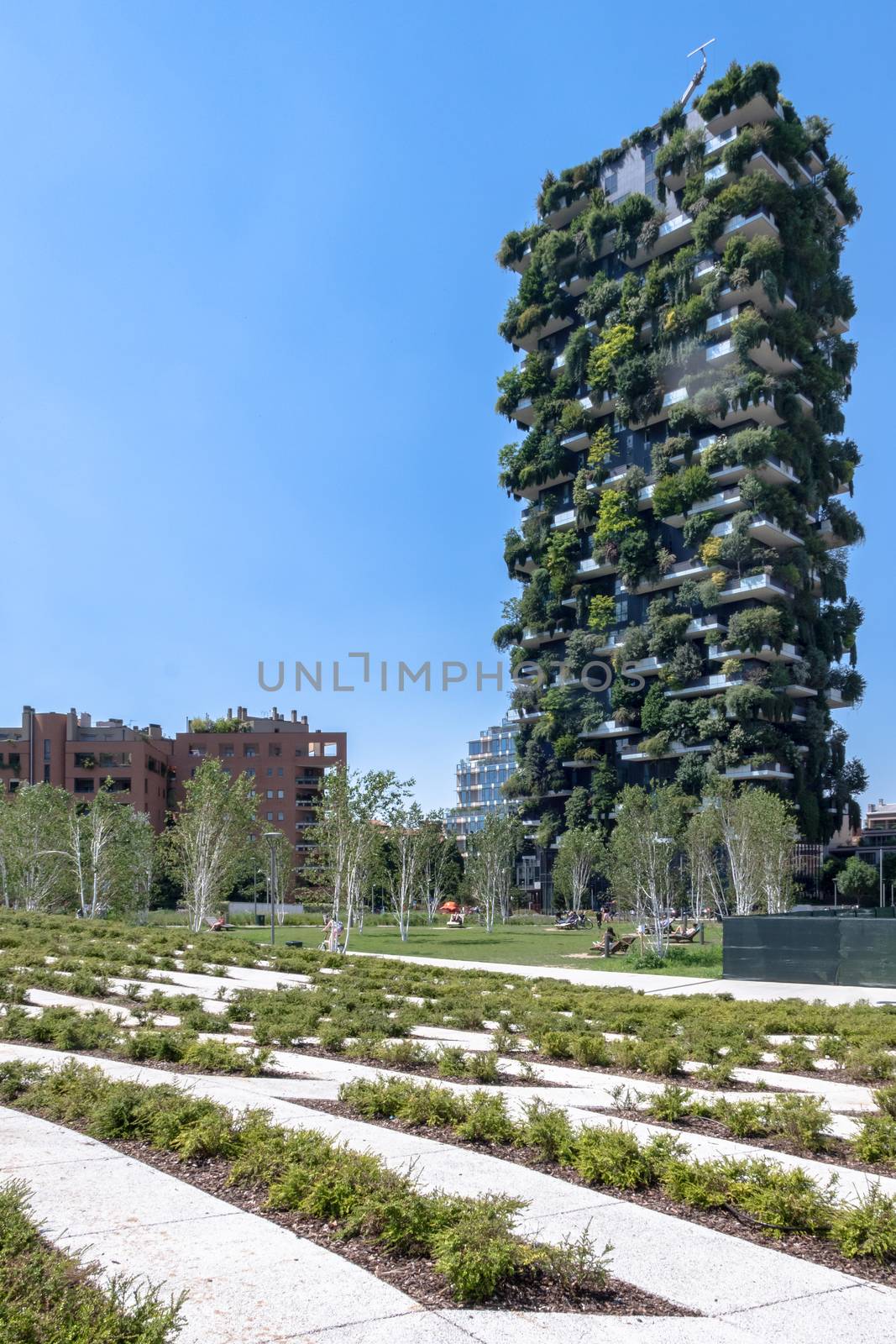 Bosco Verticale (Vertical Forest) is a pair of residential towers (111 and 76 meters height) designed by Stefano Boeri and contain more than 900 trees as a “vertical forest". Milan ITALY - June 2, 2019.