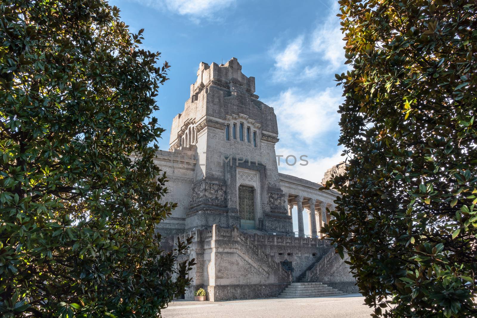 The monumental cemetery of Bergamo is the main cemetery of the city of Bergamo. It was designed by Ernesto Pirovano and Ernesto Bazzaro and built between 1896 and 1913 in an eclectic style in the Borgo Palazzo district. Bergamo, ITALY - February 21, 2020.