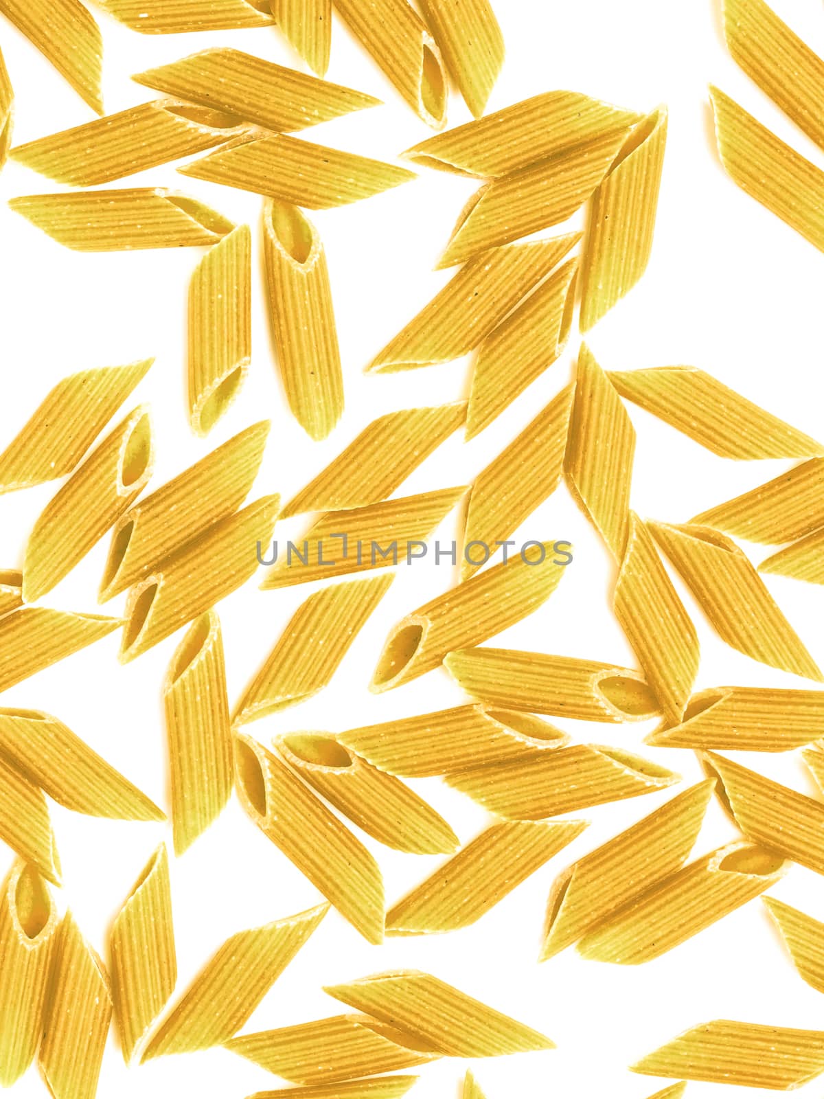 Penne pasta isolated over white. Top view.