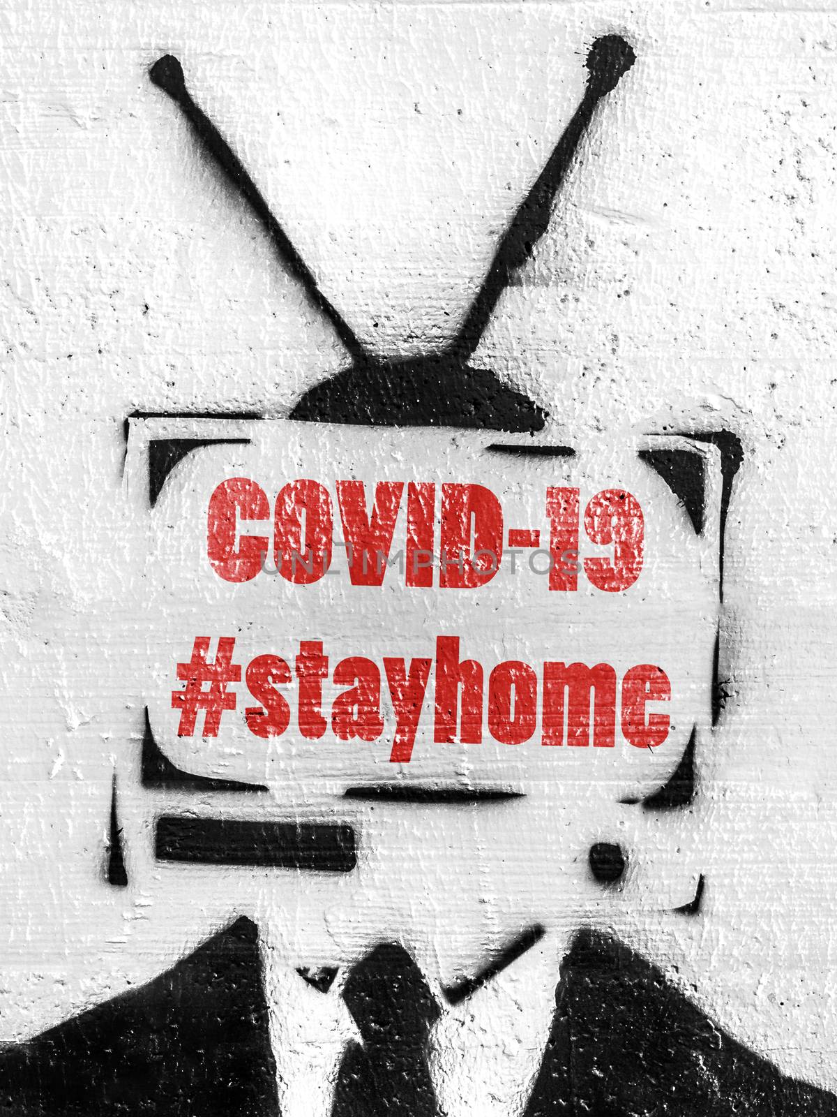 Tv head with hashtag #stayhome (COVID-19). Coronavirus in the world. COVID-19 alert banner. 2019 Coronavirus concept, for an outbreak occurs in Wuhan - China.