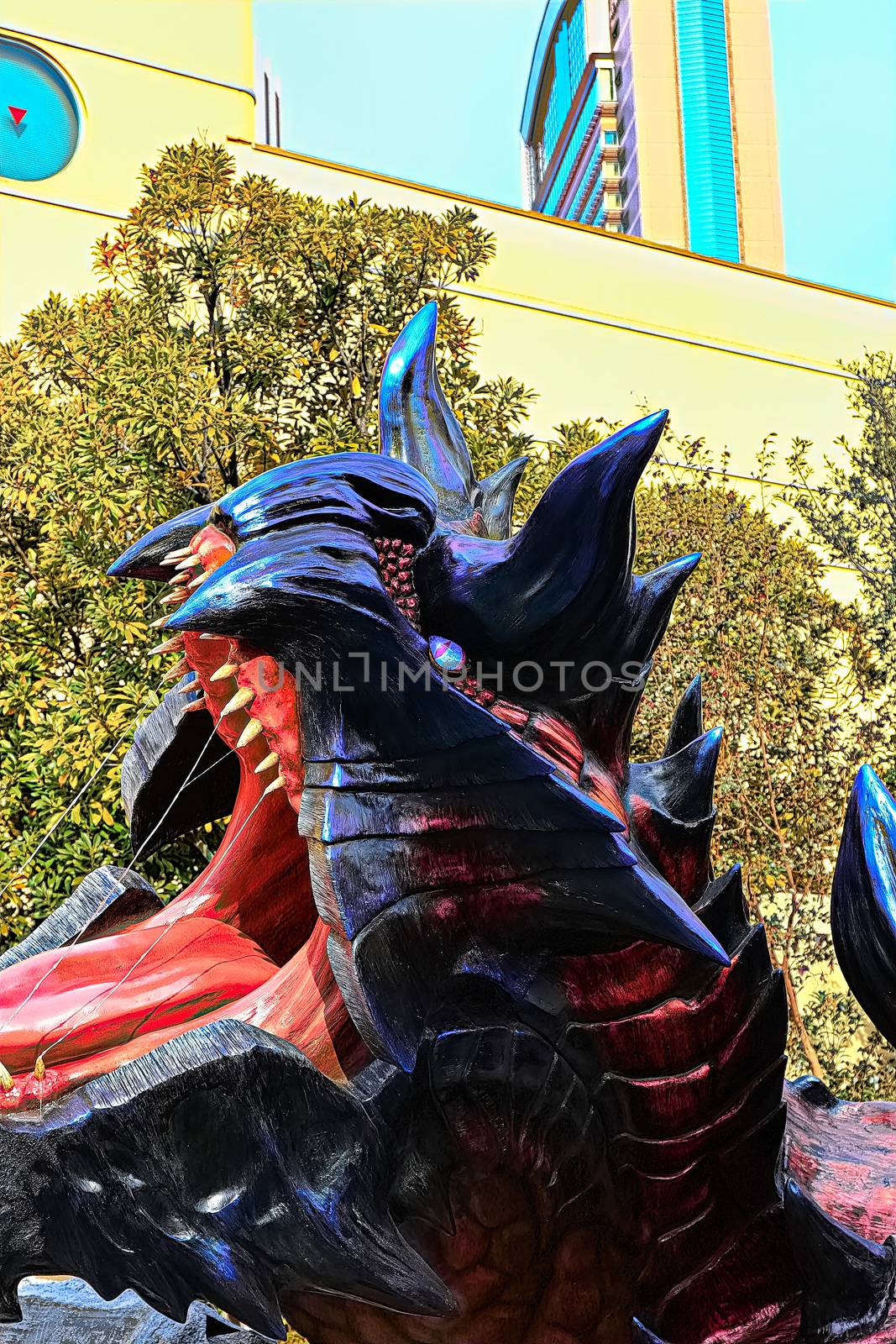 Osaka, Japan - Feb 06,2016 - Display of  Glavenus from Monster Hunter Generations.Glavenus's Japanese name (Dinovaldo) is a reference to Dinosaur, Nova, and Halberd,Glavenus are Brute Wyverns first introduced in Monster Hunter Generations.