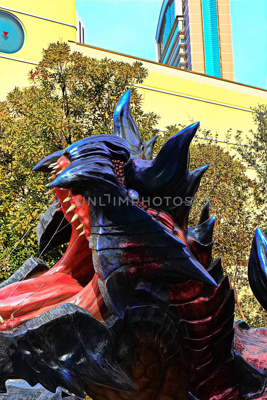 Osaka, Japan - Feb 06,2016 - Display of  Glavenus from Monster Hunter Generations.Glavenus's Japanese name (Dinovaldo) is a reference to Dinosaur, Nova, and Halberd,Glavenus are Brute Wyverns first introduced in Monster Hunter Generations.