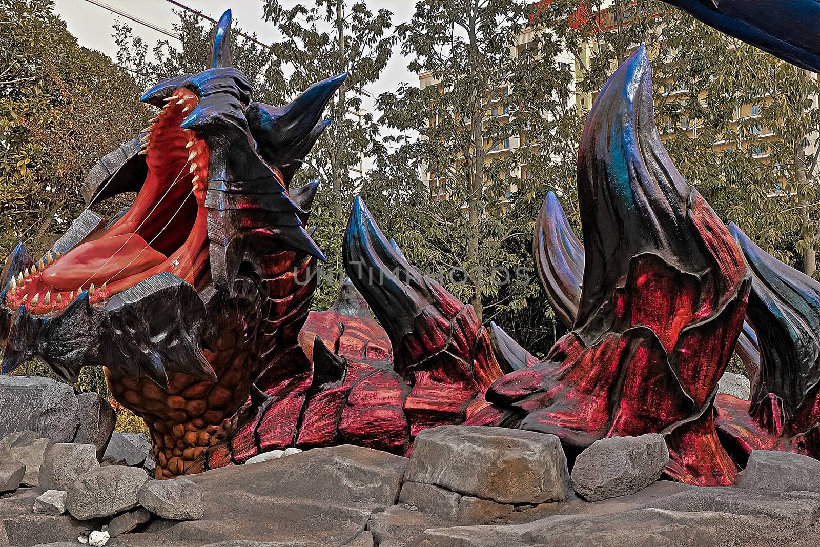 Osaka, Japan - Feb 06,2016 - Display of  Glavenus from Monster Hunter Generations.Glavenus's Japanese name (Dinovaldo) is a reference to Dinosaur, Nova, and Halberd,Glavenus are Brute Wyverns first introduced in Monster Hunter Generations. by USA-TARO