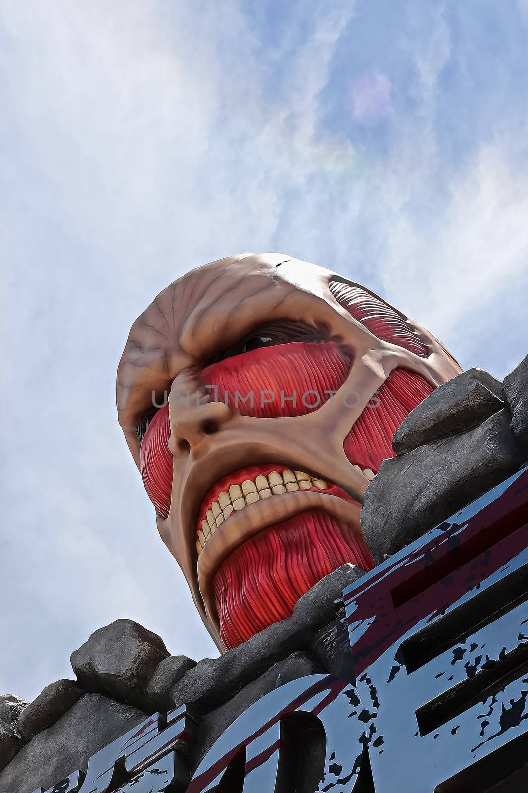 OSAKA, JAPAN - Jun,17 2020 : Attack on Titan/Race for Survival XR Ride sign at Universal Studios Japan in Osaka, Japan Seasonal Limited attraction.