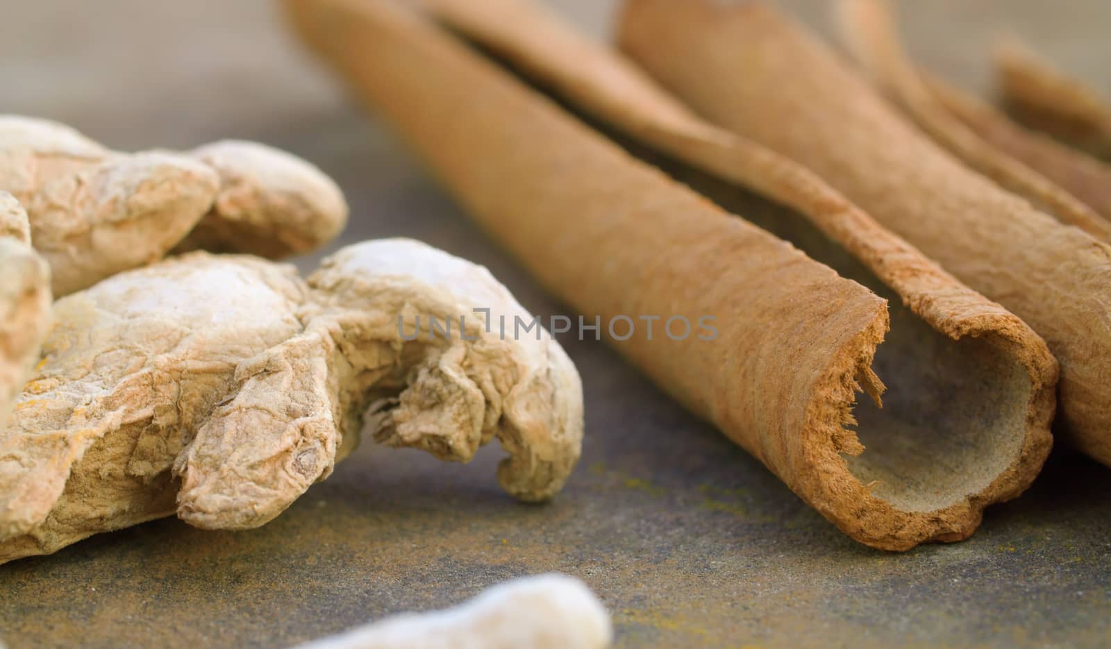 Macro shot spices on the table. Cardamom, turmeric, cinnamon. Extreme close up