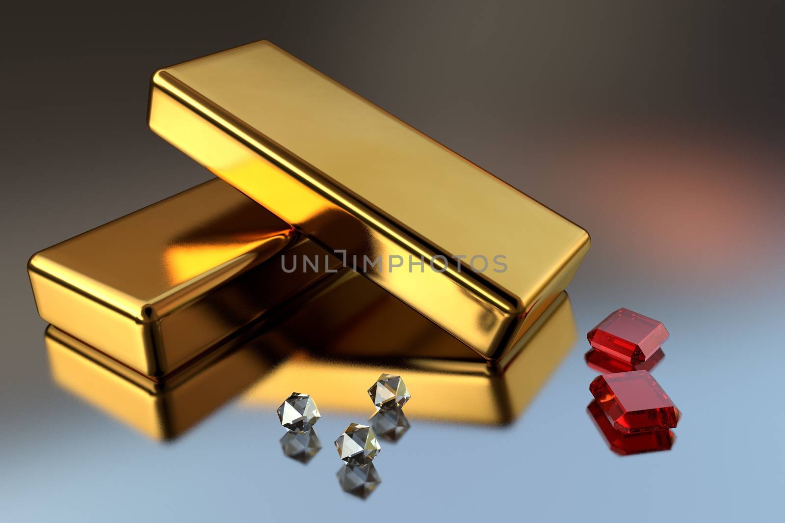 3D gems and gold bars lie on a reflective surface in the form of wealth and luxury