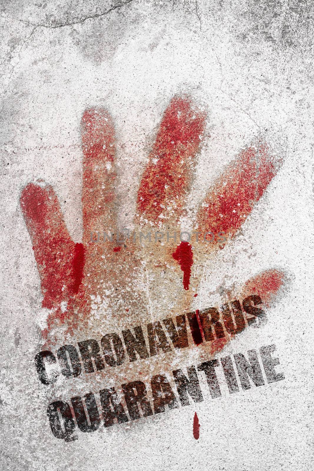 Bloody imprint on grungy wall with message "Coronavirus Quarantine". COVID-19 outbreak. Lockdown. Concept of stop working activities due to coronavirus medical emergency. Quarantine coronavirus Epidemic. COVID-19 outbreak influenza.