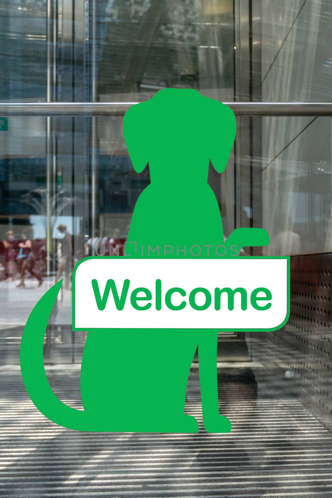 Dogs Welcome sign outside shop. Green dog-friendly sign. Welcome sign for pets. Allowing pet into facilities. Dogs friendly place, dogs special area, pets welcome here concept.