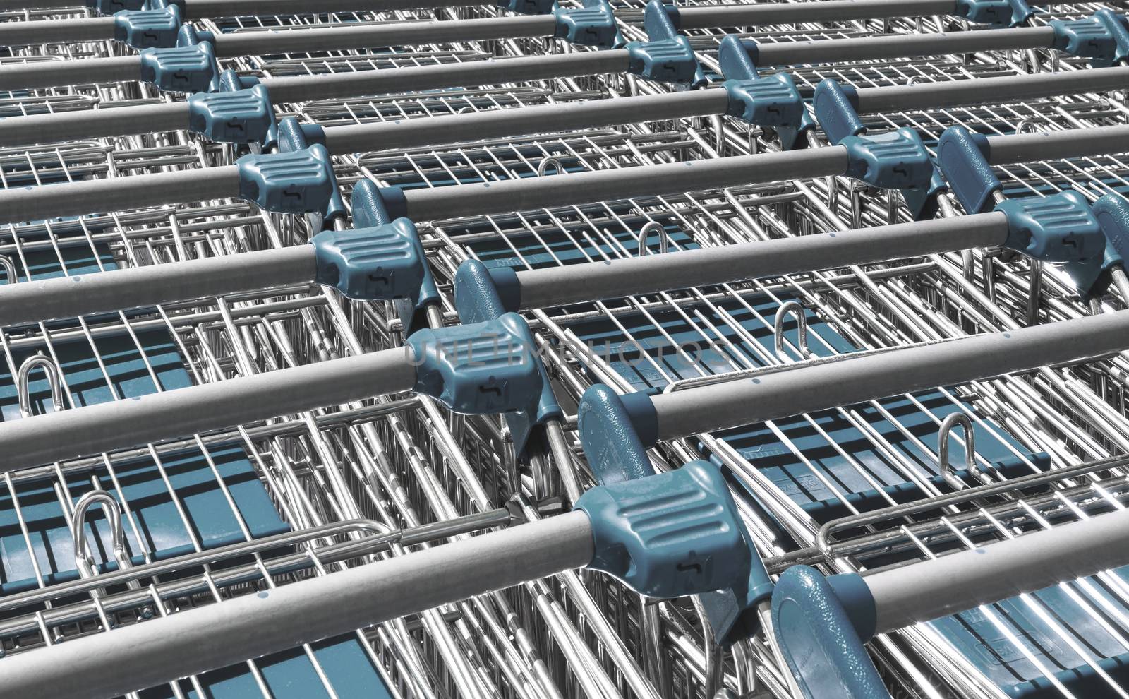 Light blue shopping trolleys in a superstore