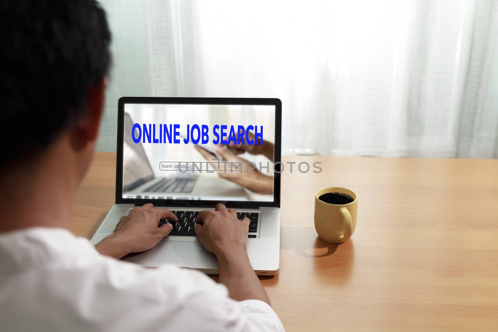 Business and job concept. Man use laptop computer online website find new career. Man searching vacancies or position on the internet. Man unemployed search finding jobs from internet. with copy space.