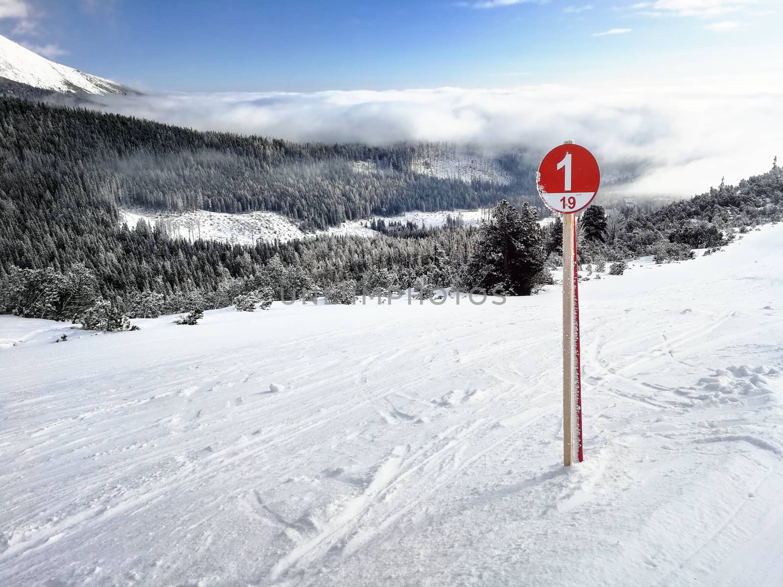 Red ski route 1 sign on fresh snow with snow covered forest and sky in background. Strbske pleso ski resort, Slovakia