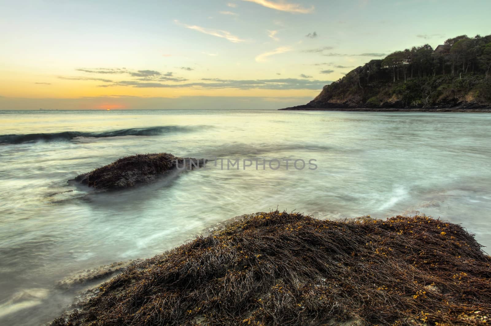 Ocean waves washing the rocks covered with algae and sea weed in sunset light. Koh Lanta, Thailand