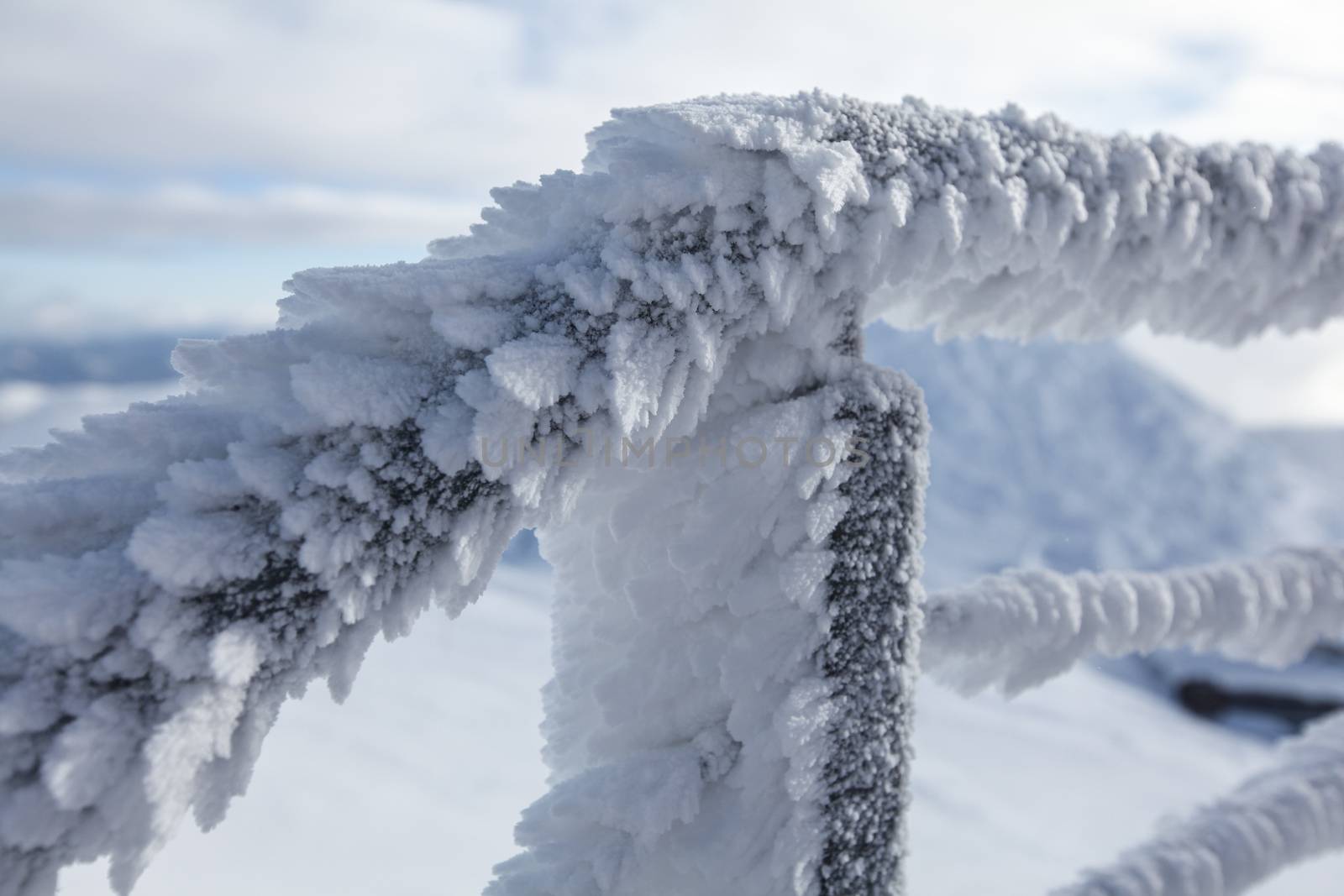 Snow and ice covered stairs fence illustrating extreme cold in the winter. 