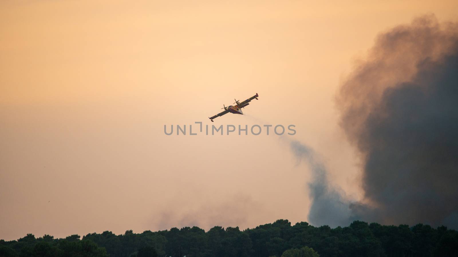 Amphibious water bomber dropping water on fire, smoke from the forest fire, in France.