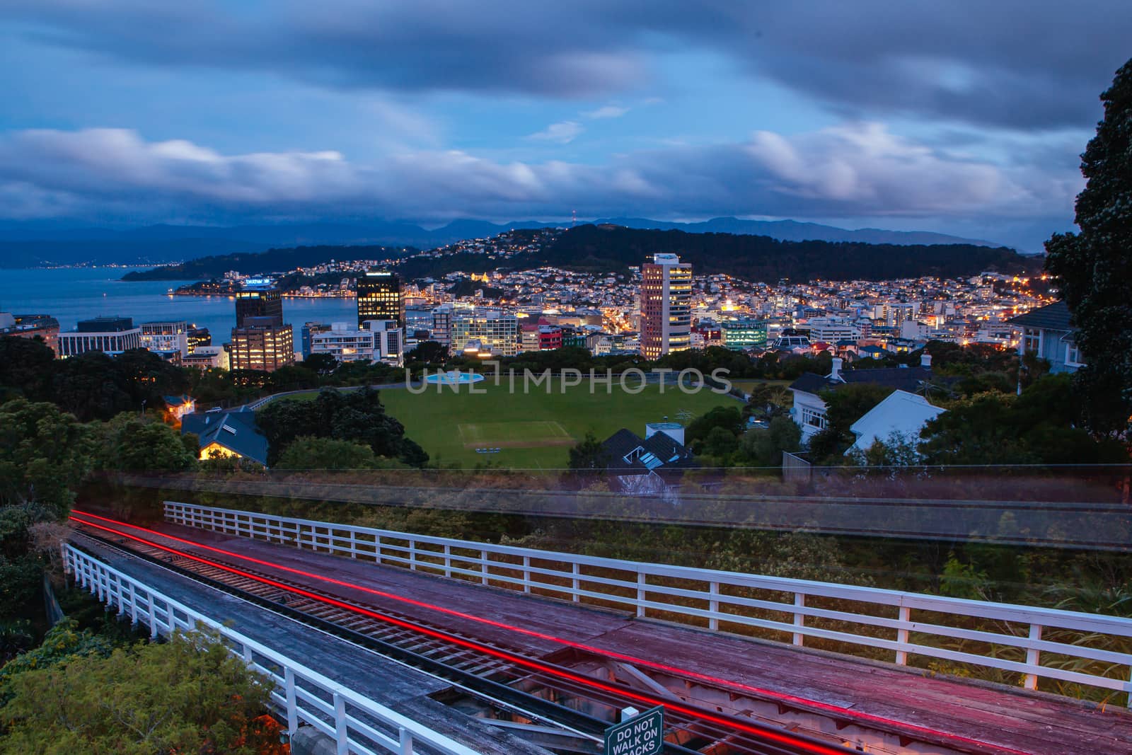 View over Wellington skyline and harbour at dusk from near Carter Observatory and Cable Car in Wellington, New Zealand