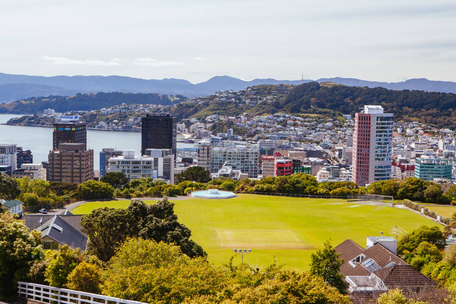 View over Wellington skyline and harbour from near Carter Observatory and Cable Car in Wellington, New Zealand