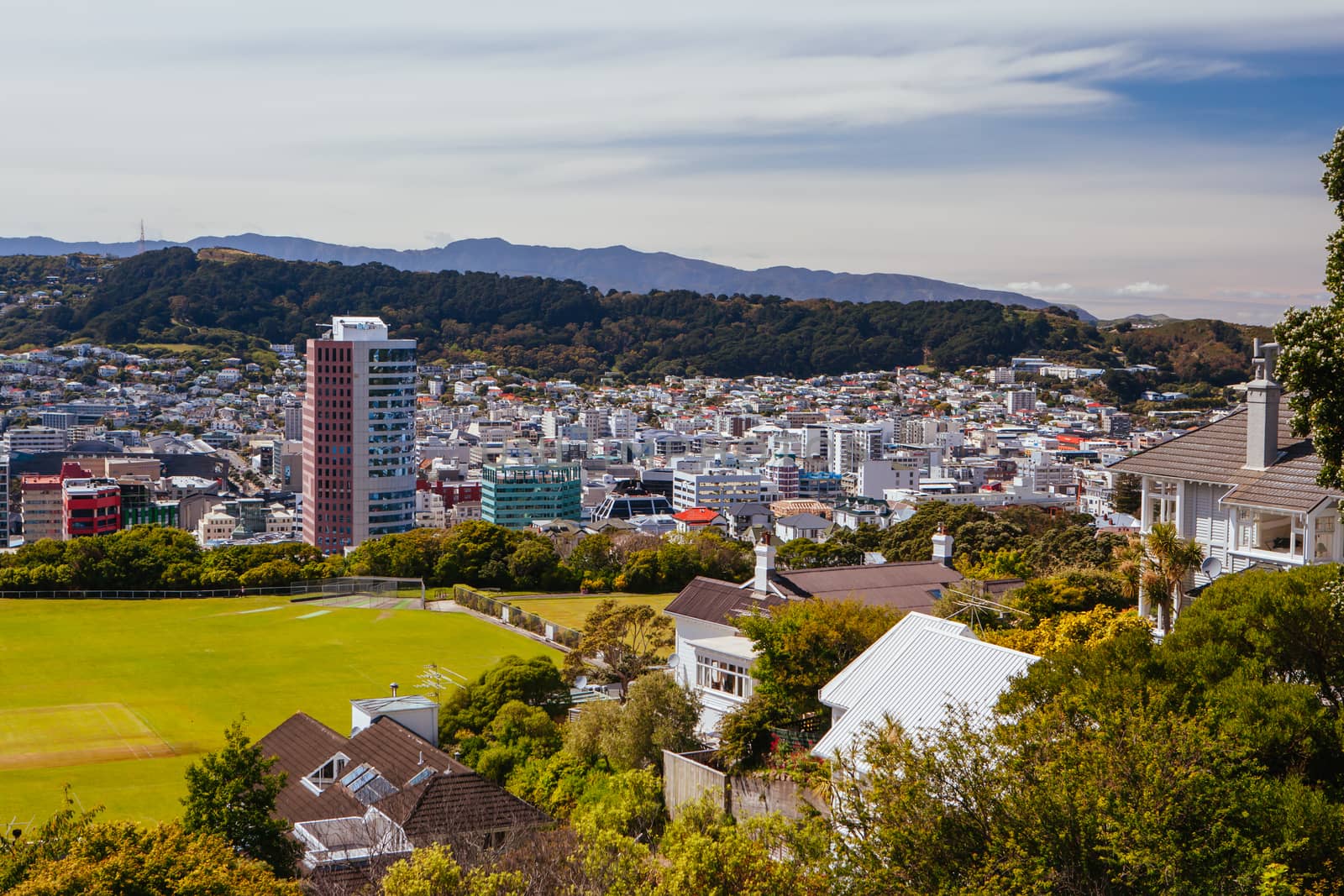 View over Wellington skyline and harbour from near Carter Observatory and Cable Car in Wellington, New Zealand