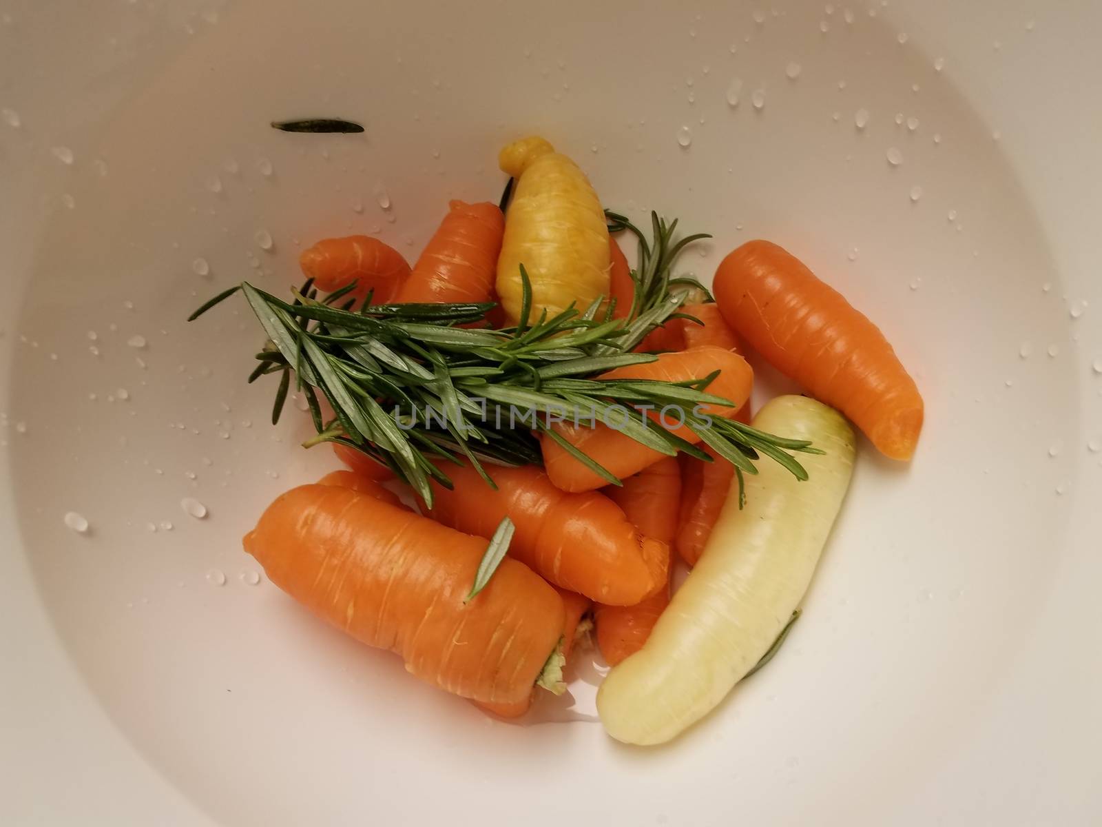 carrots and rosemary in white container or bowl by stockphotofan1