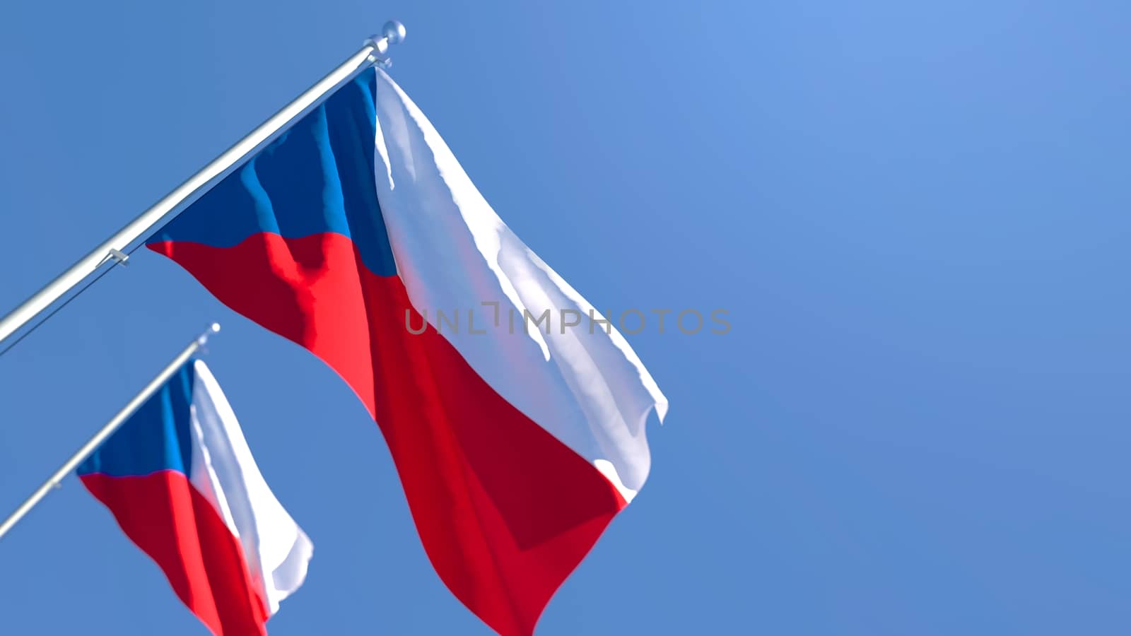 3D rendering of the national flag of Czechia waving in the wind against a blue sky