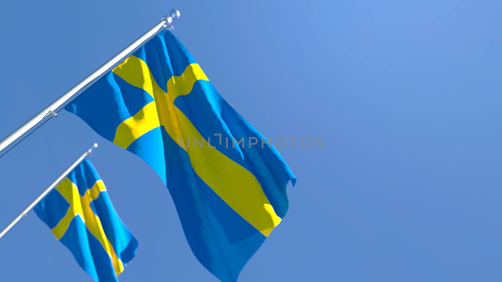 3D rendering of the national flag of Sweden waving in the wind against a blue sky