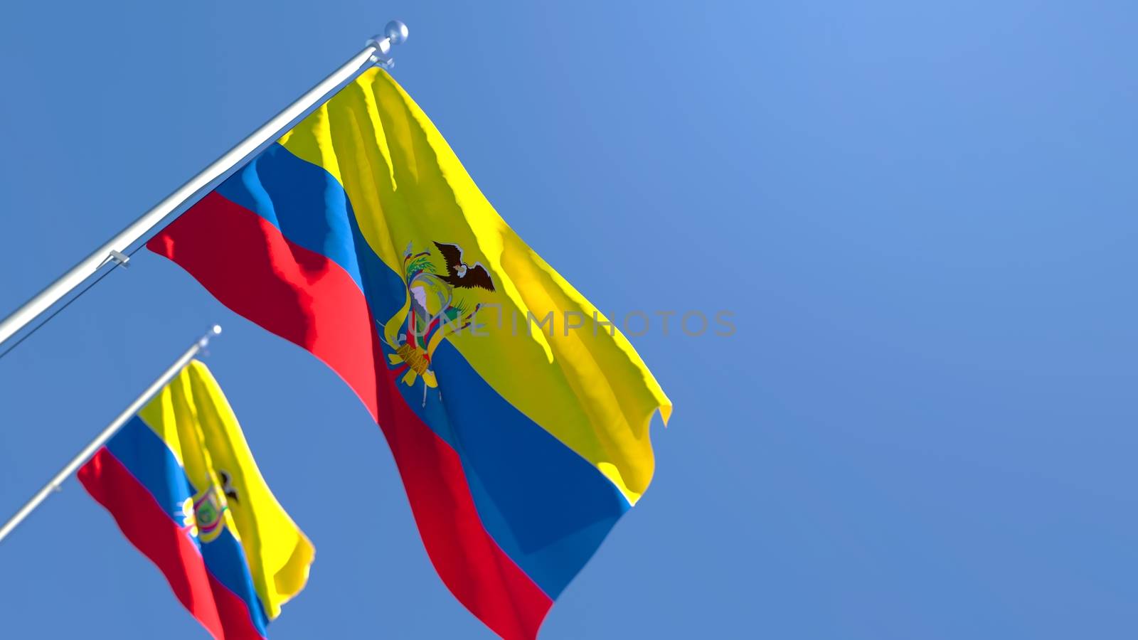 3D rendering of the national flag of Ecuador waving in the wind against a blue sky