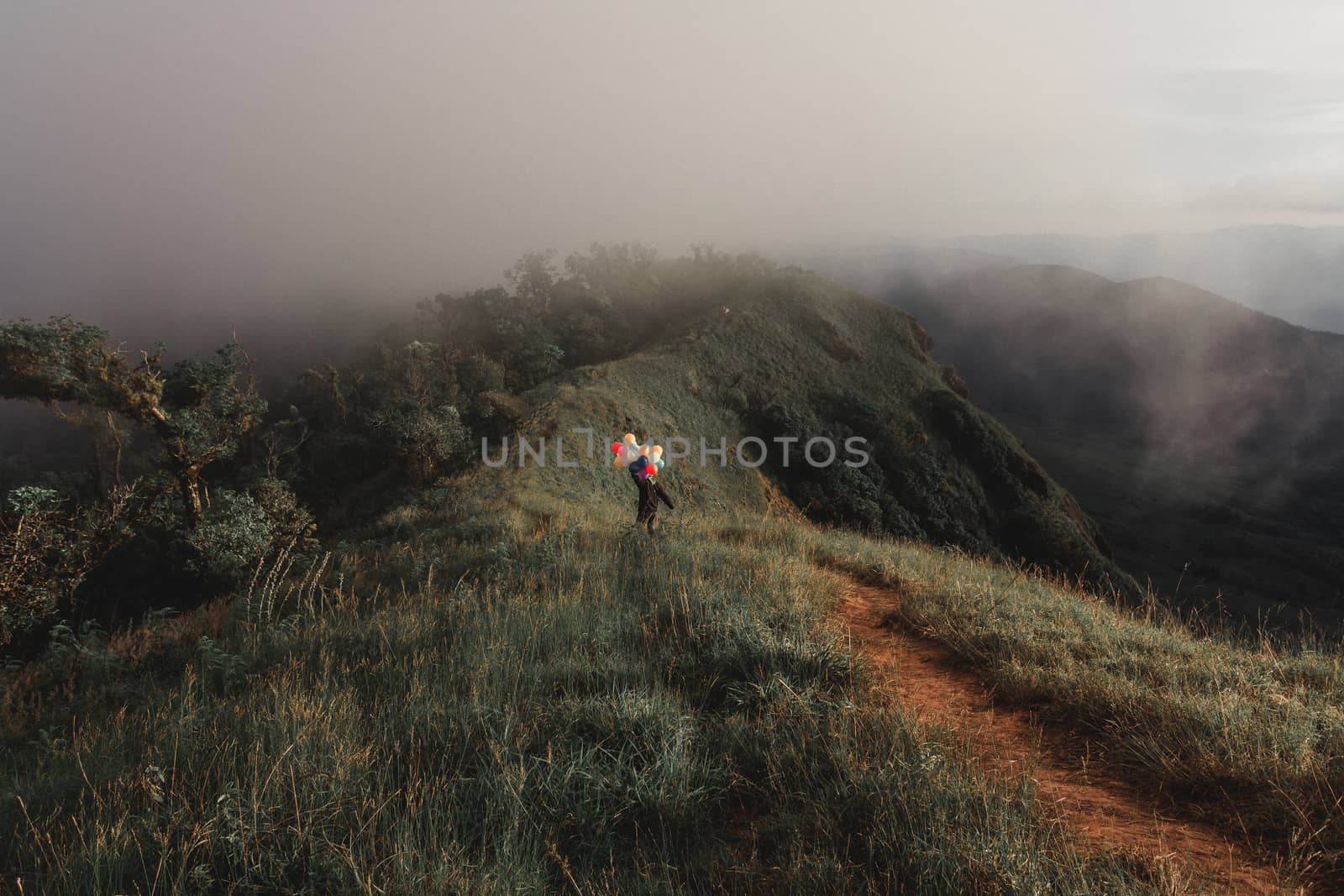 man with balloons in hand walks to Pha Hua Sing, Doi Mon Jong, C by suthipong