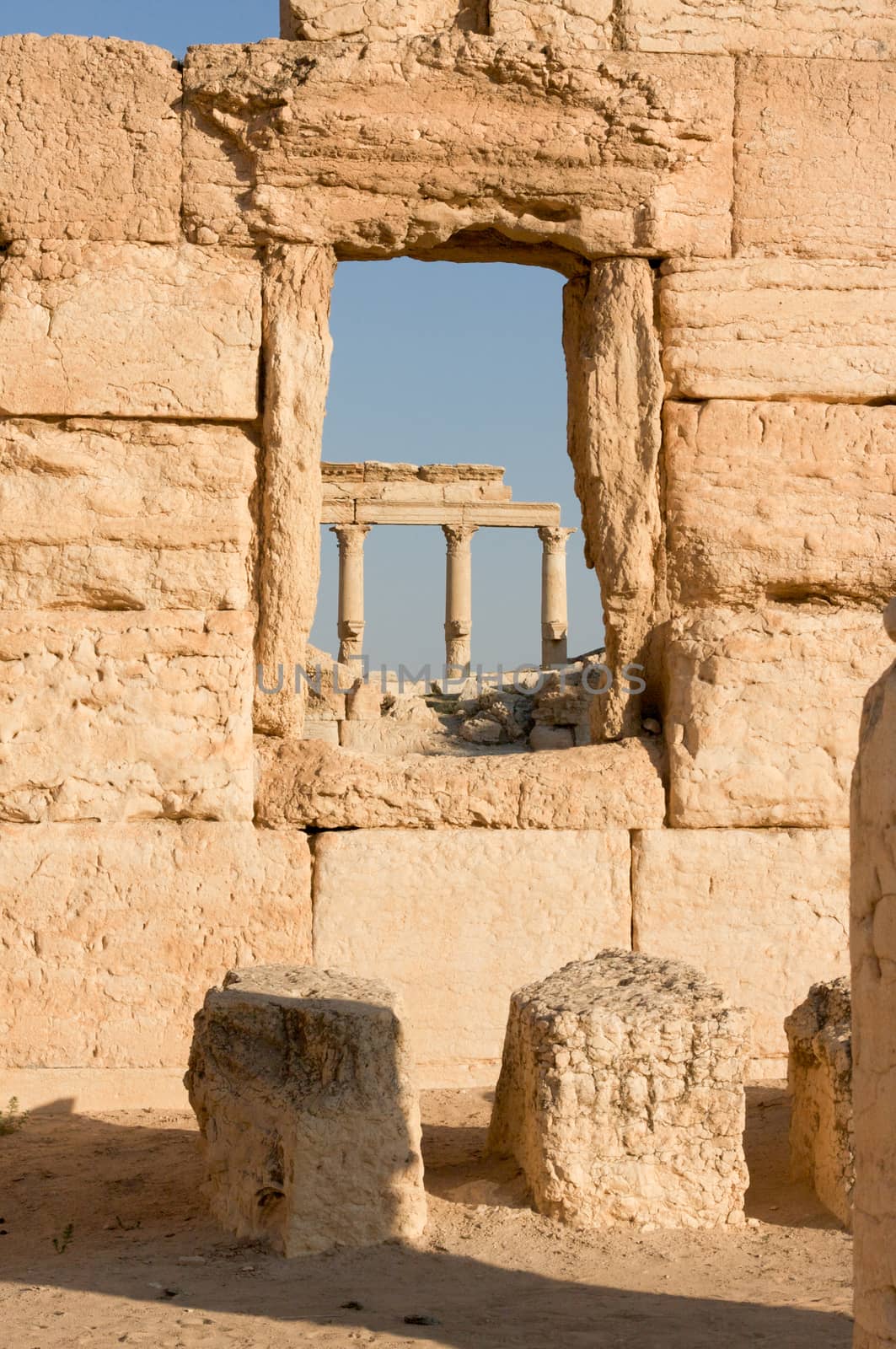 Palmyre Syria 2009 This ancient site has many Roman ruins, these standing columns shot in late afternoon sun with the citadel on the hill in the background . High quality photo