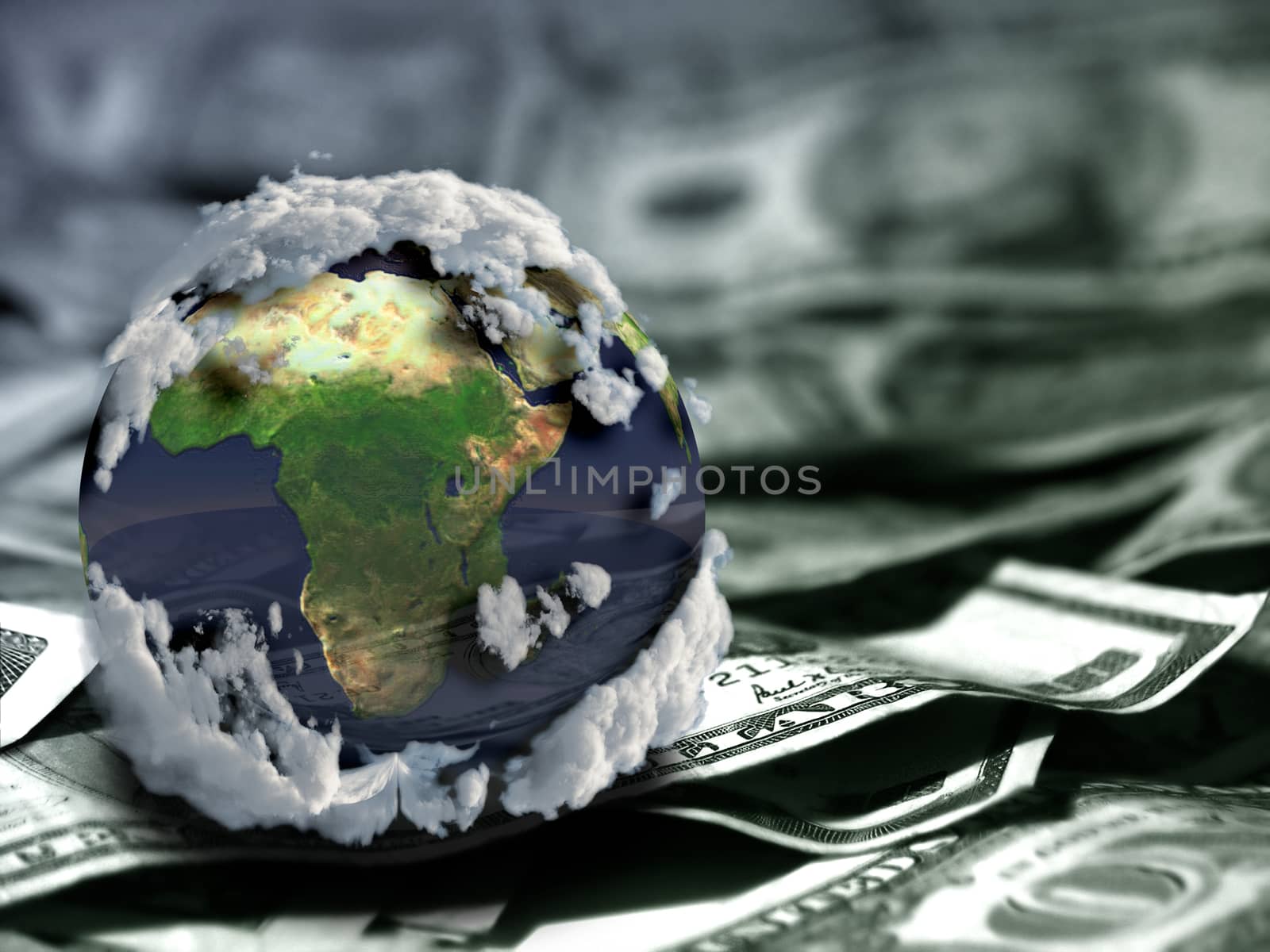 Globe on US dollars. 3D rendering