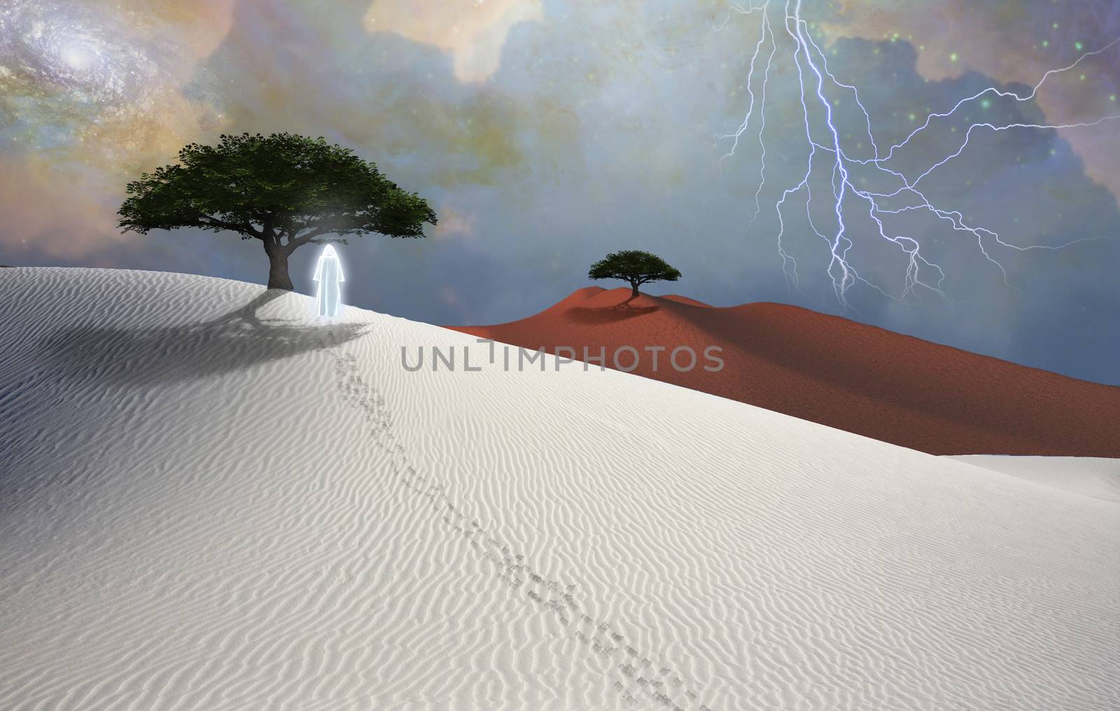 Figure in cloak stands in desert. Green tree at the horizon. Starry sky. 3D rendering