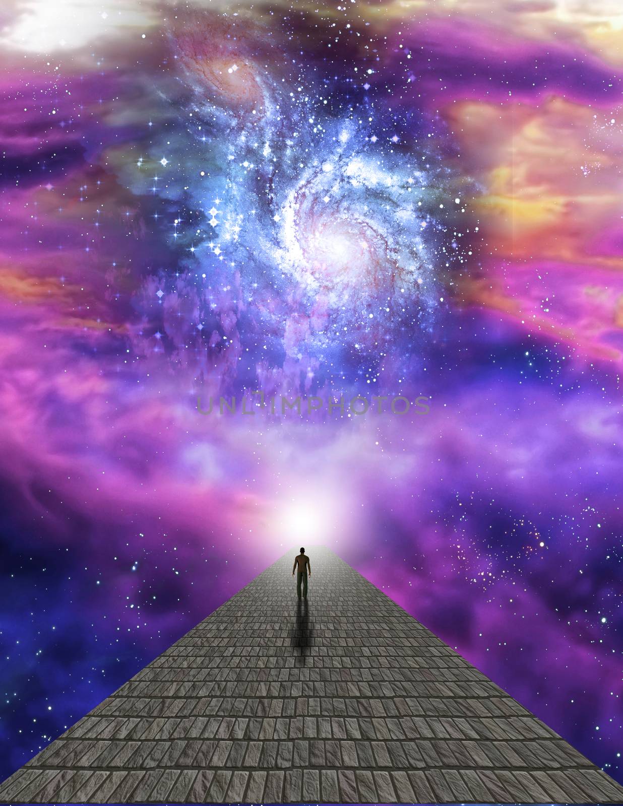 Man on path to the heavens. 3D rendering