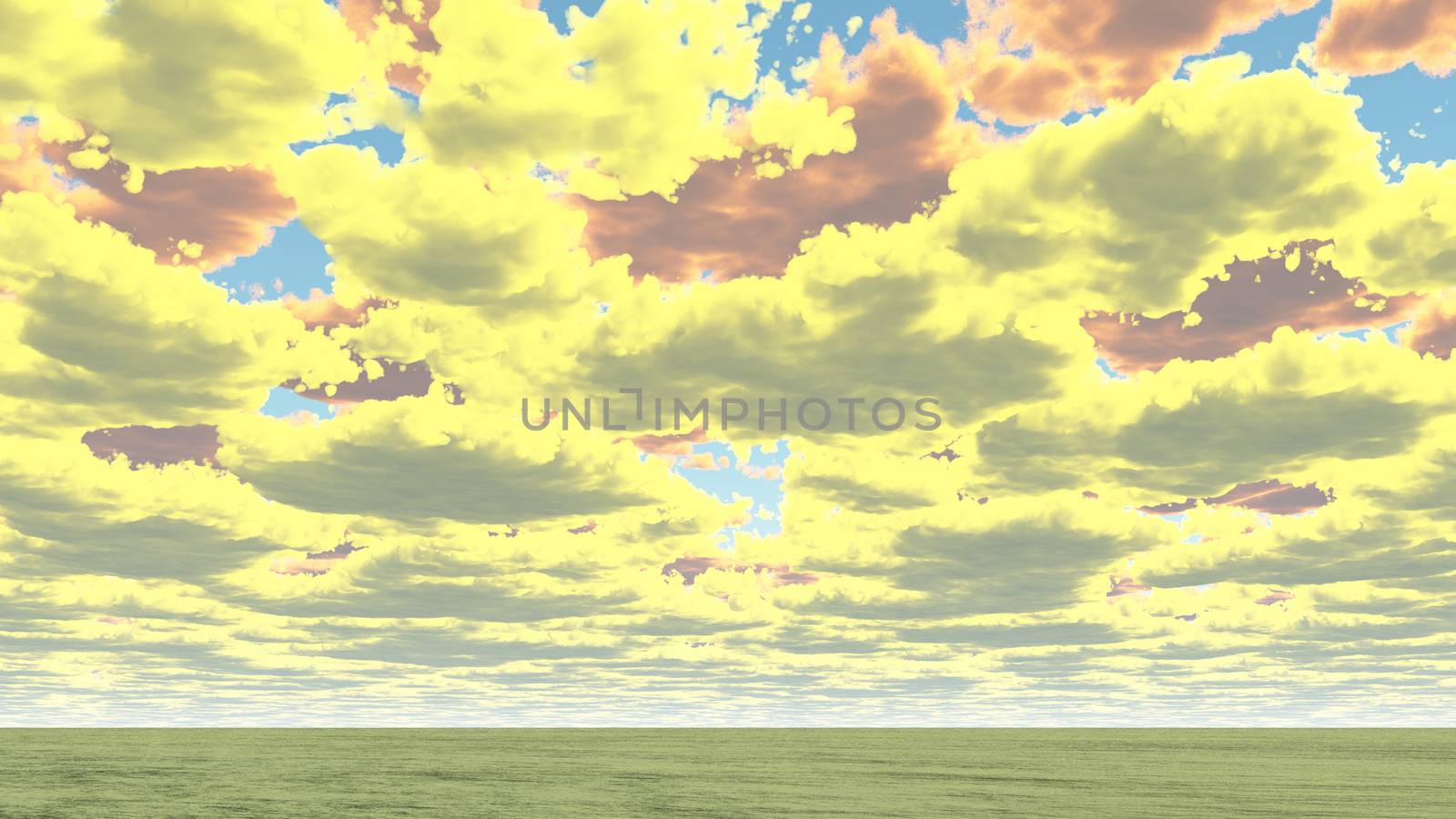 Yellow surreal clouds above horizon. 3D rendering