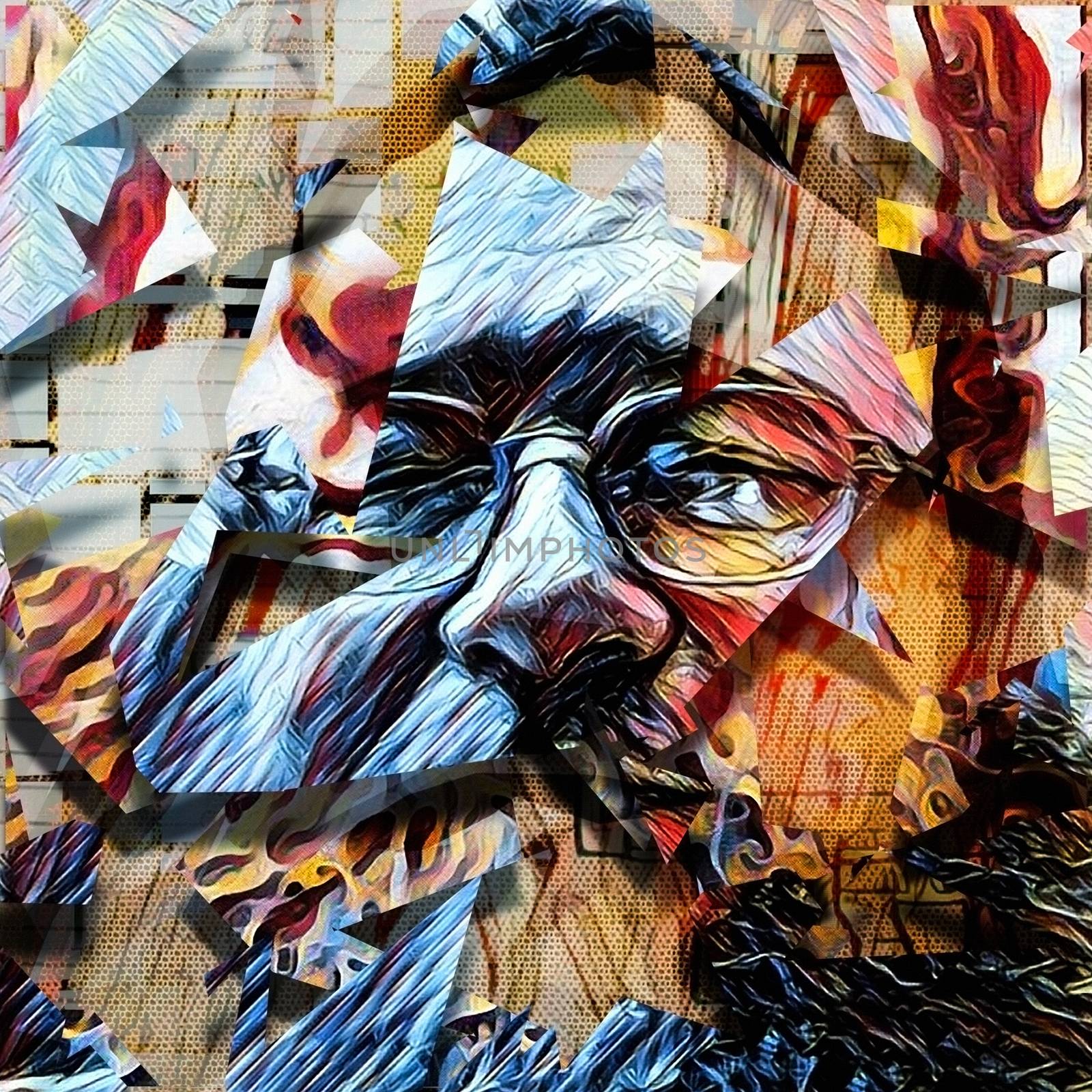 Abstract painting. Man face in glasses. 3D rendering